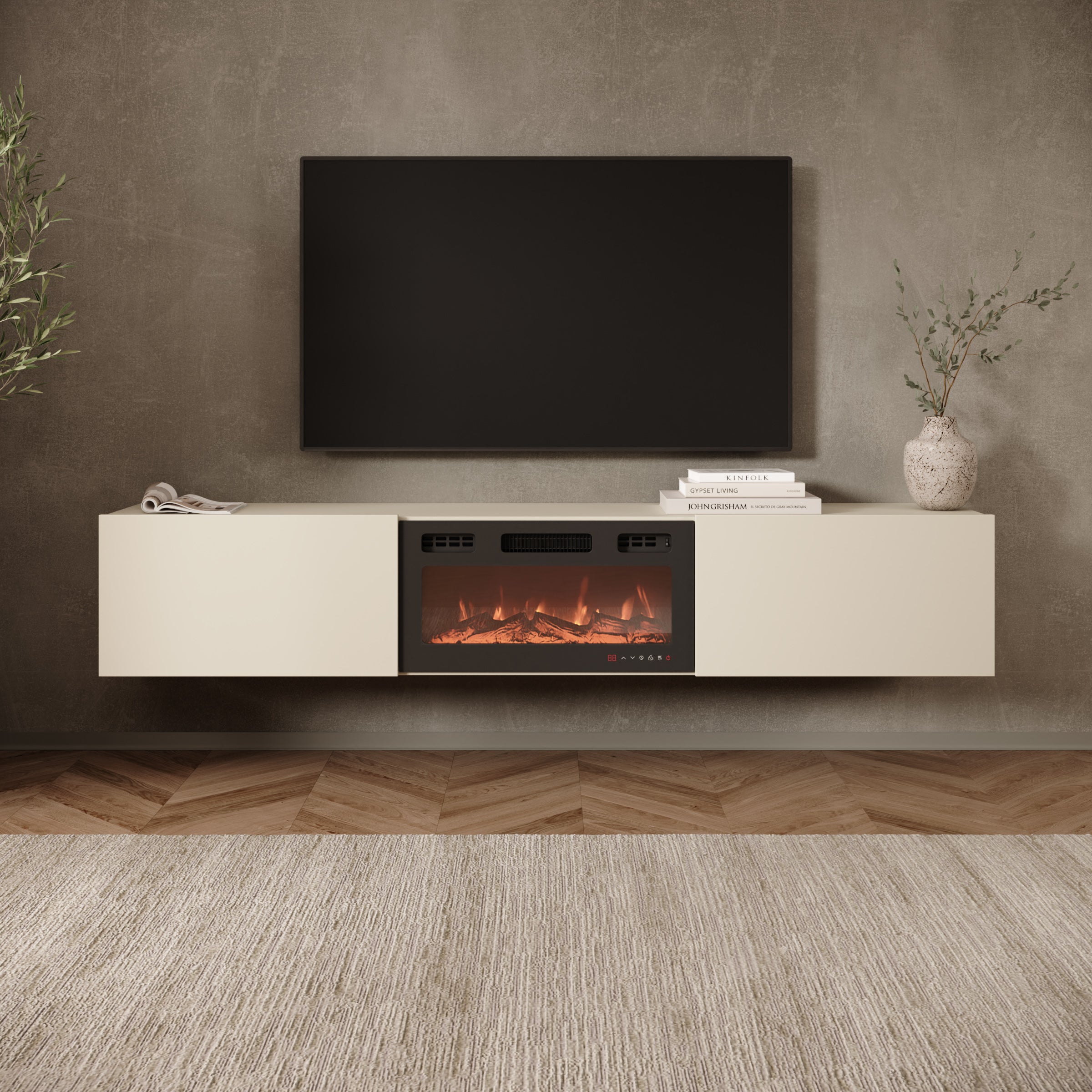 Merion - TV-Meubel met sfeerhaard - Beige - 180x32x32 cm