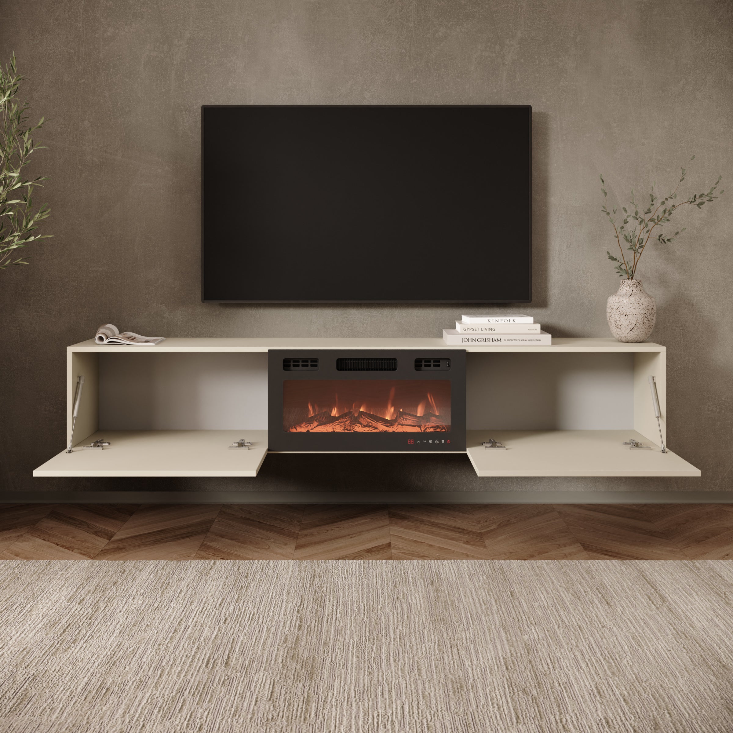 Merion - TV-Meubel met sfeerhaard - Beige - 180x32x32 cm