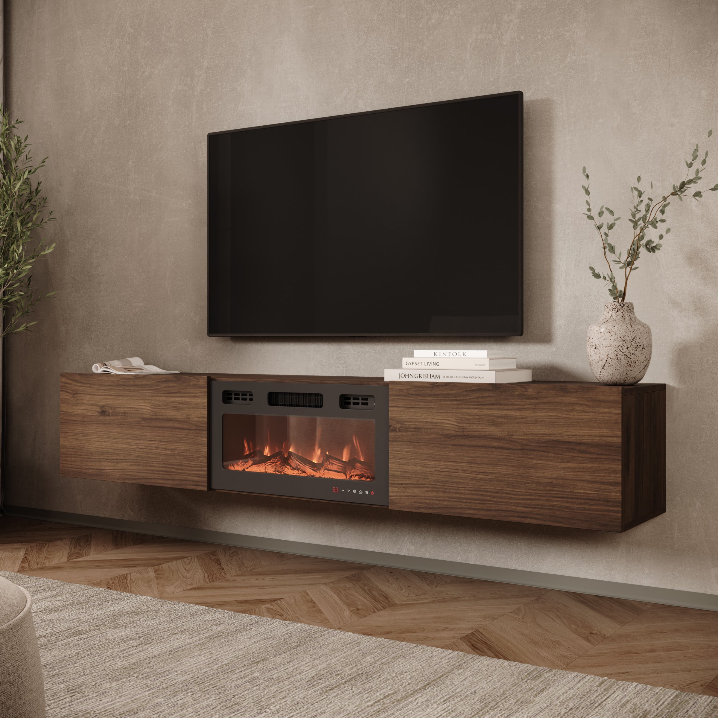 Merion - TV-Meubel met sfeerhaard - Walnootpatroon - 180x32x32 cm