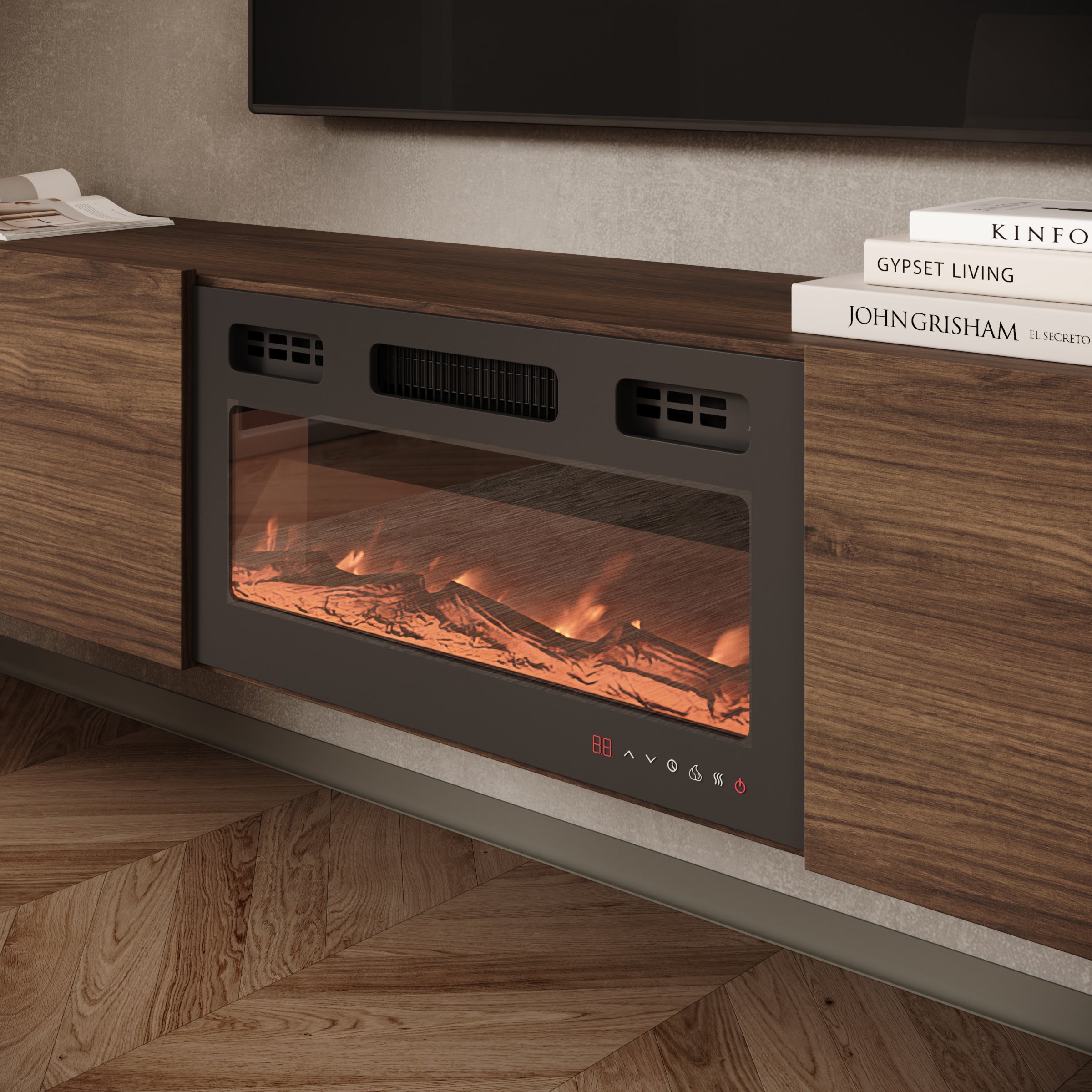 Merion - TV-Meubel met sfeerhaard - Walnootpatroon - 180x32x32 cm