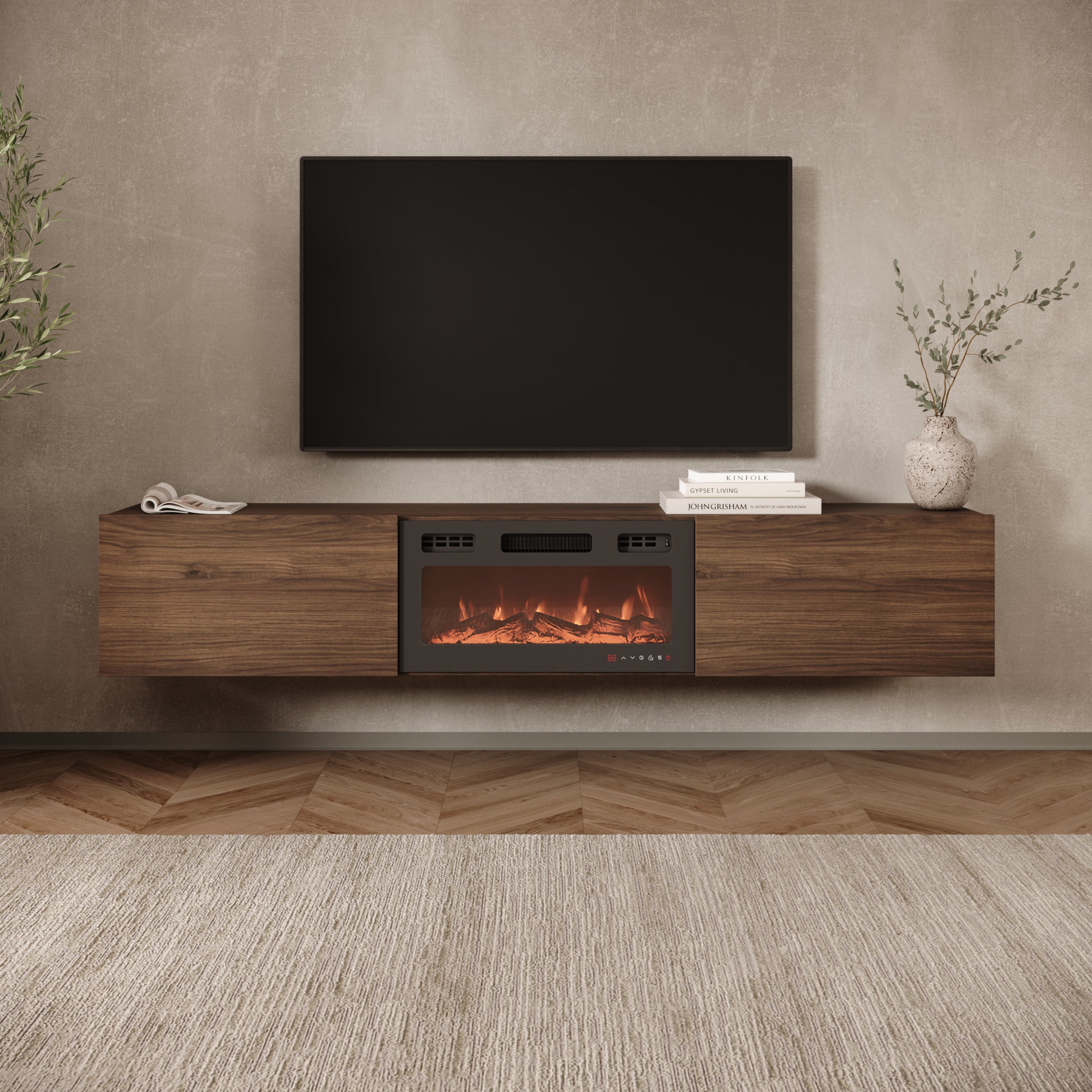Merion - TV-Meubel met sfeerhaard - Walnootpatroon - 180x32x32 cm