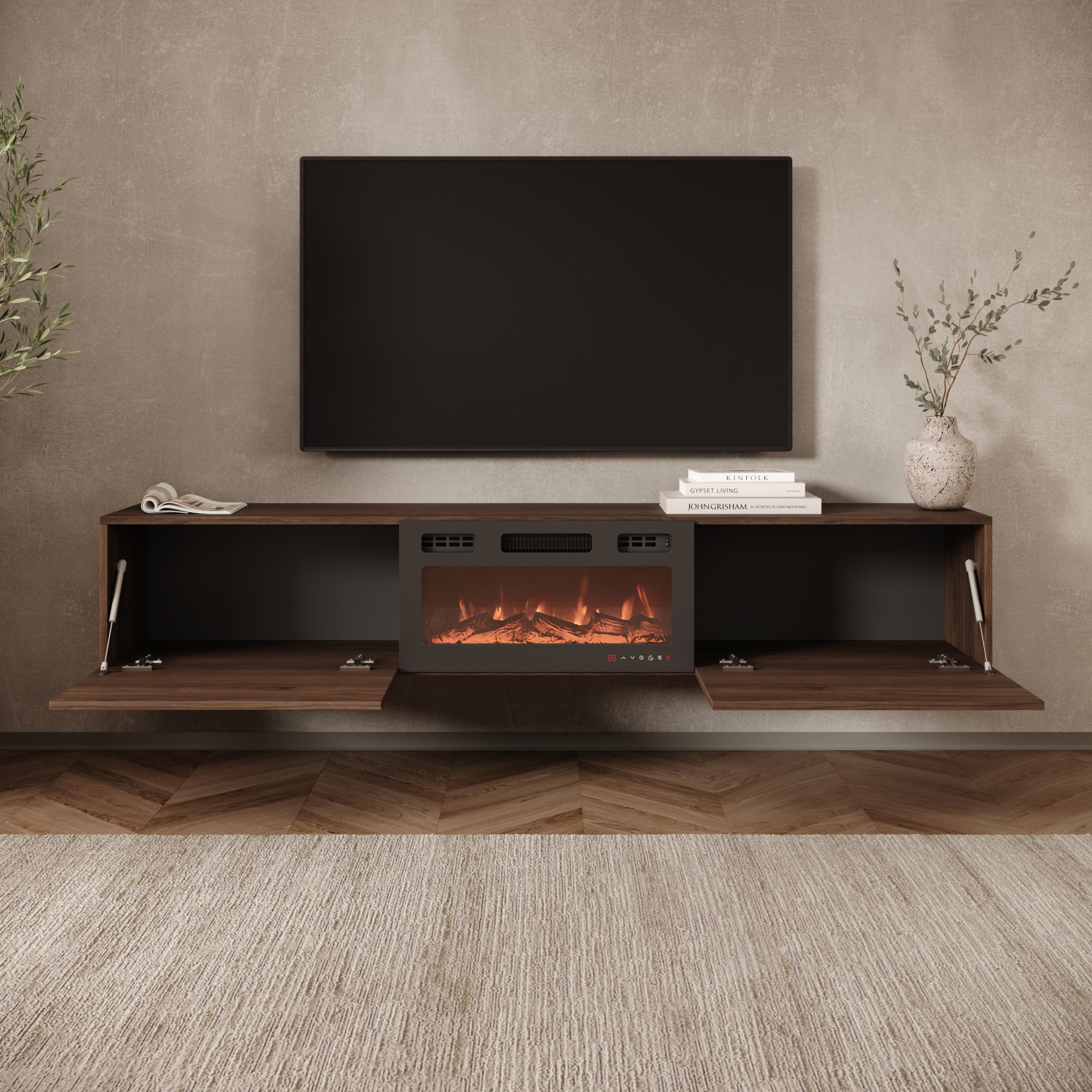 Merion - TV-Meubel met sfeerhaard - Walnootpatroon - 180x32x32 cm