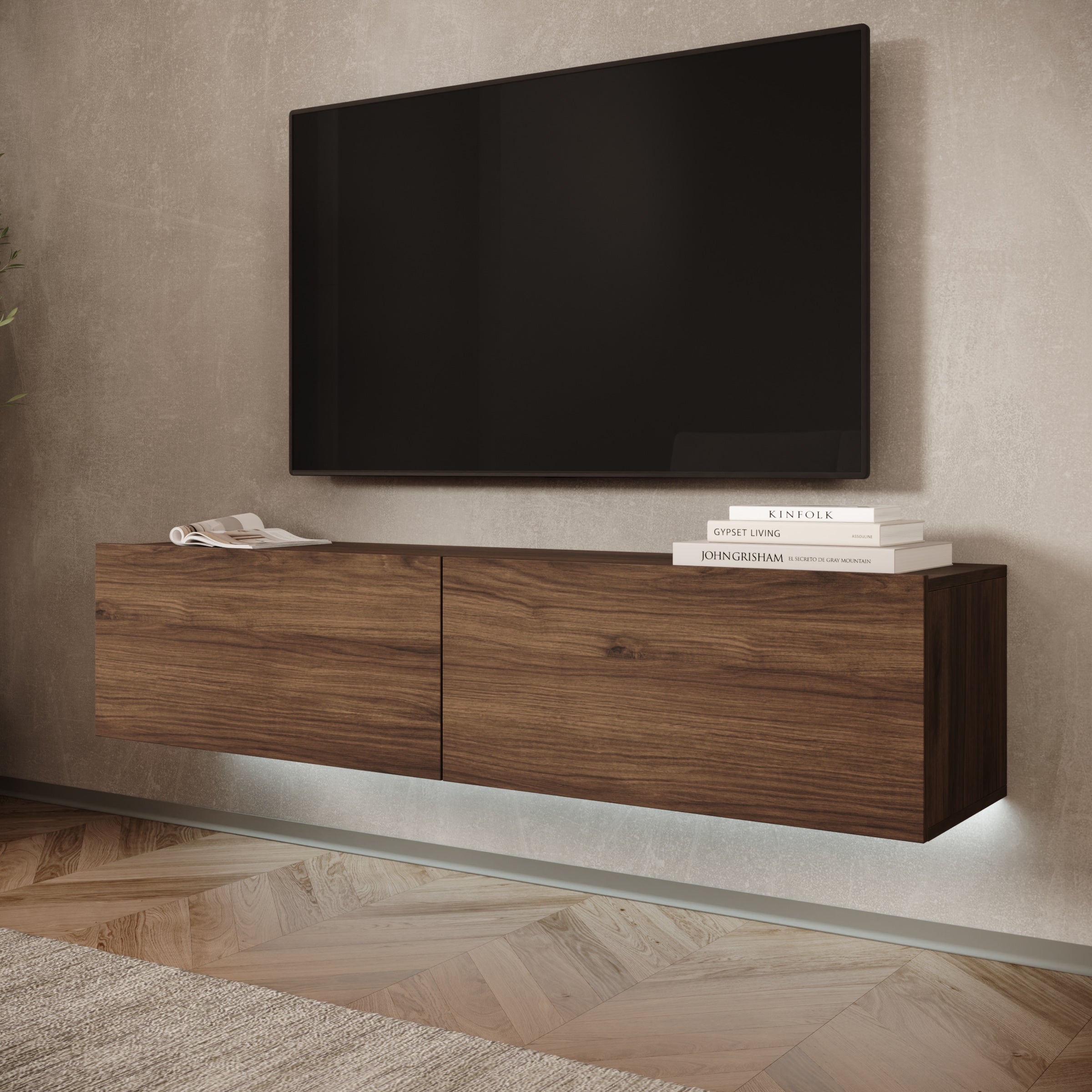 Merion - TV-Meubel met verlichting - Walnootpatroon - 144x32x32 cm