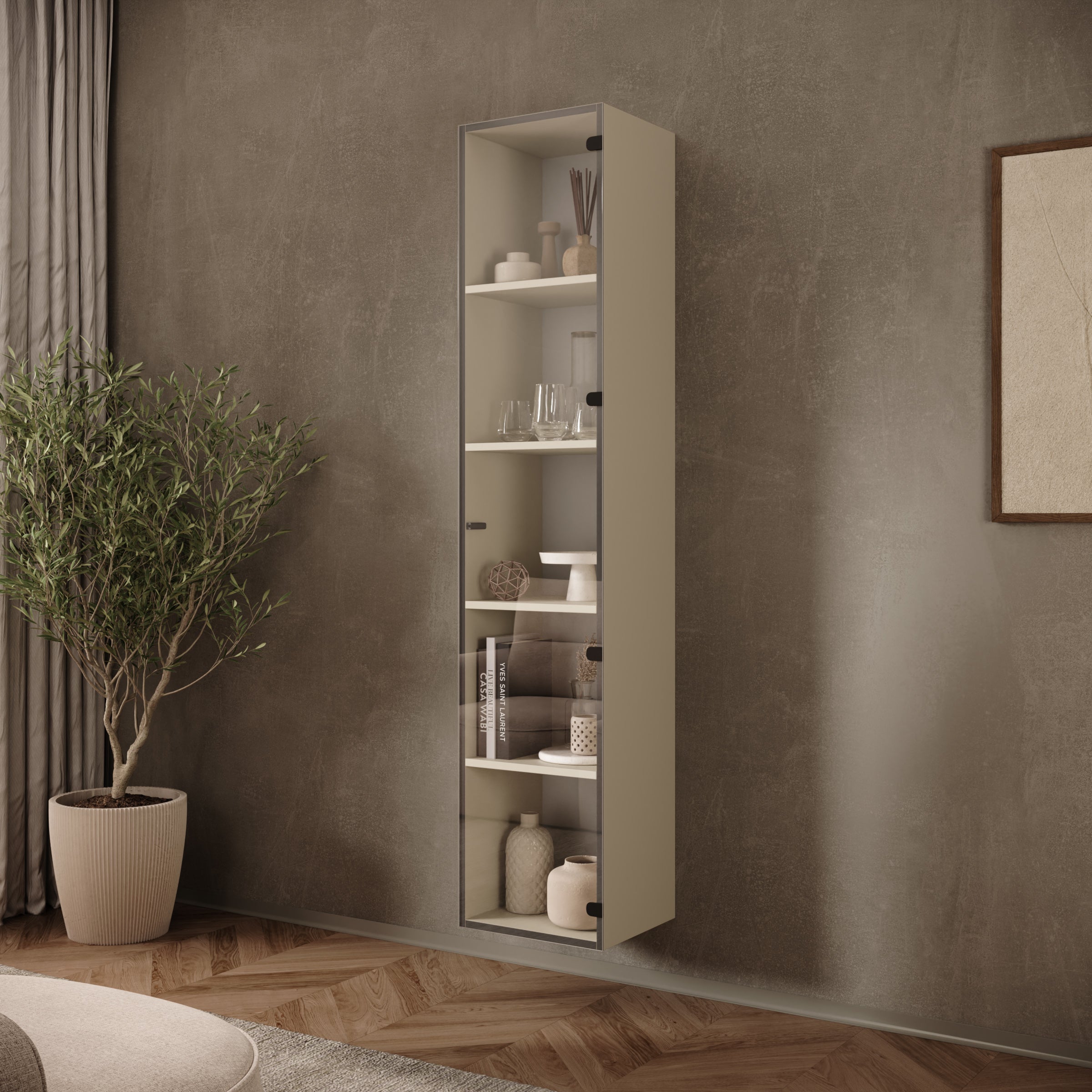 Merion - Vitrinekast met glas - Beige - 35x32x168 cm