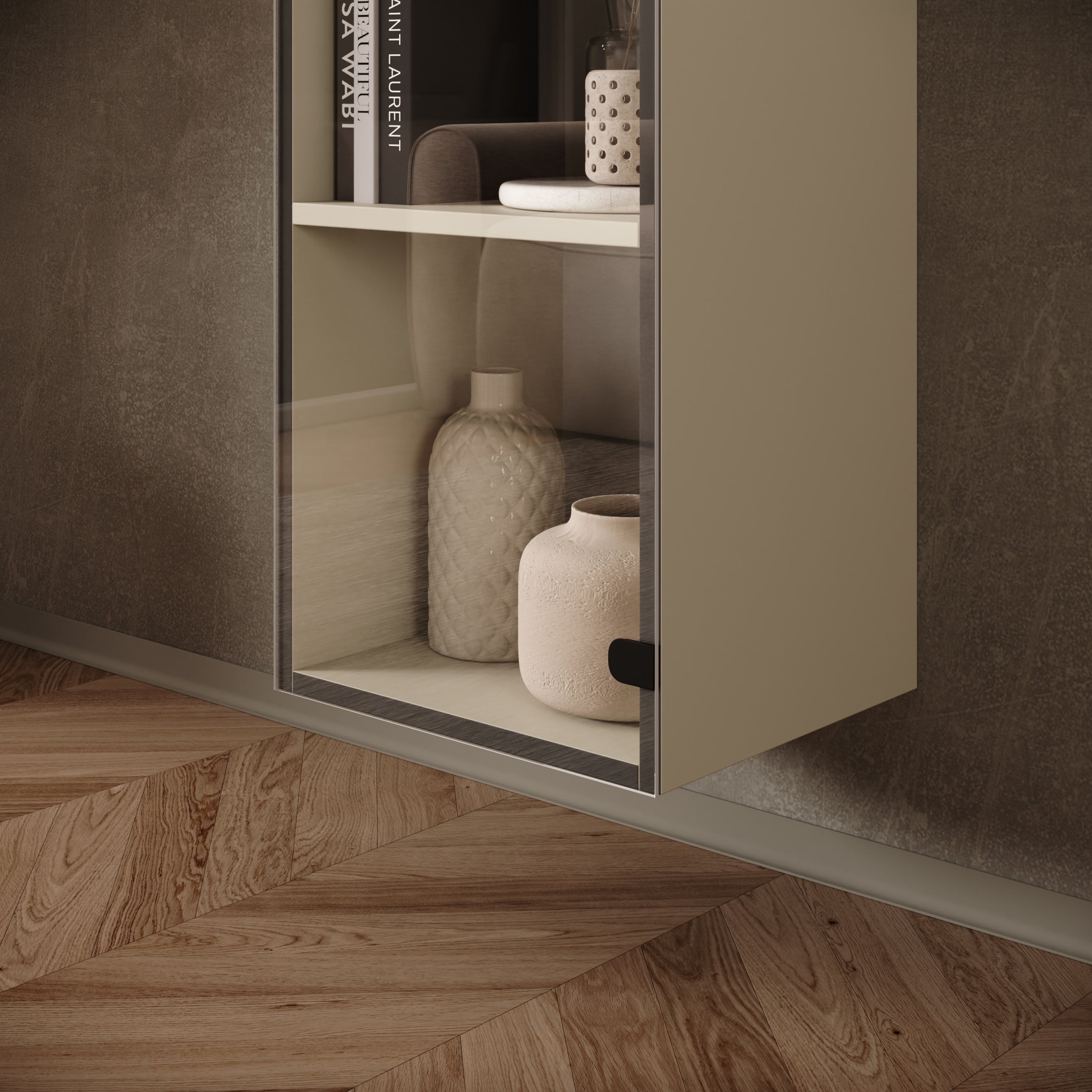 Merion - Vitrinekast met glas - Beige - 35x32x168 cm