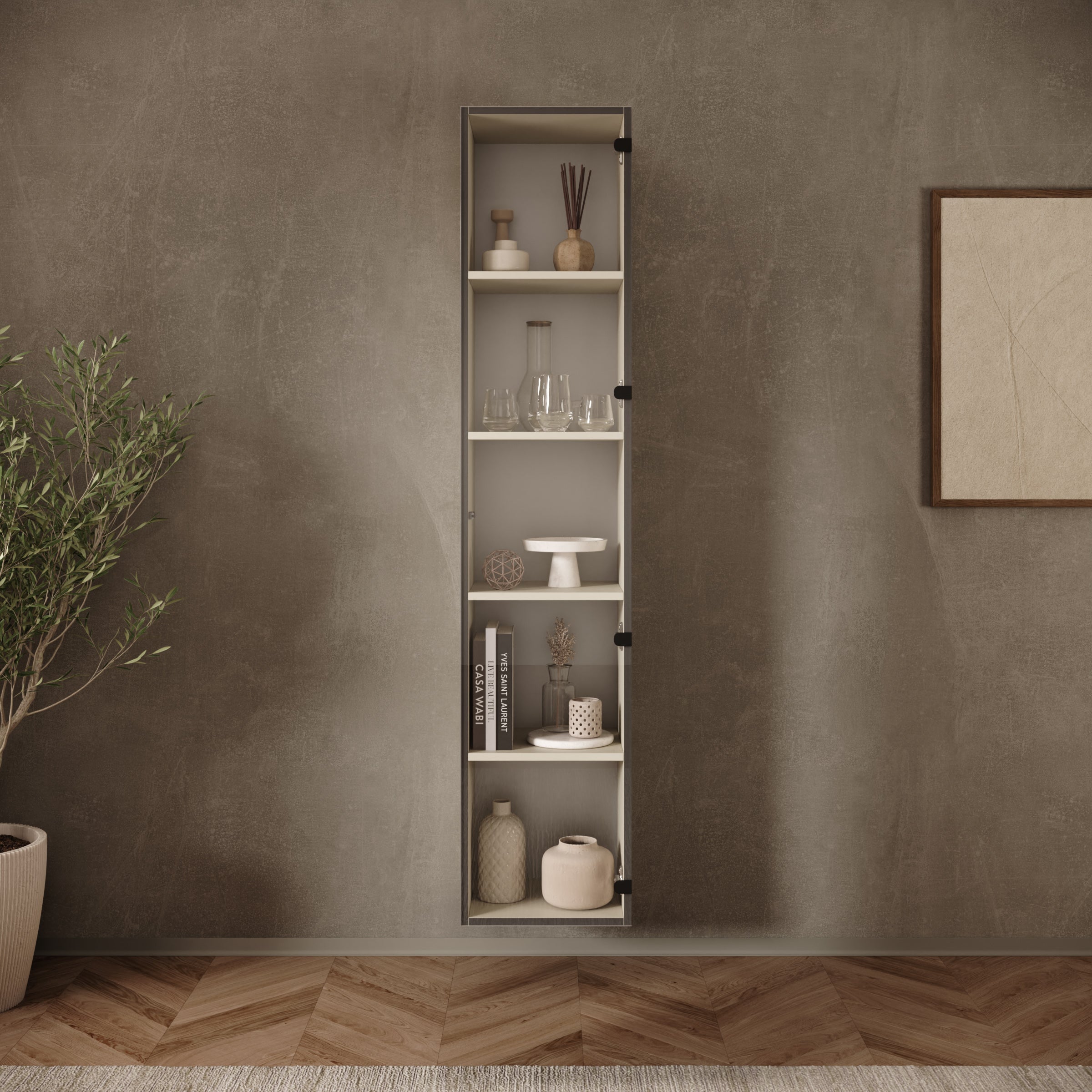 Merion - Vitrinekast met glas - Beige - 35x32x168 cm