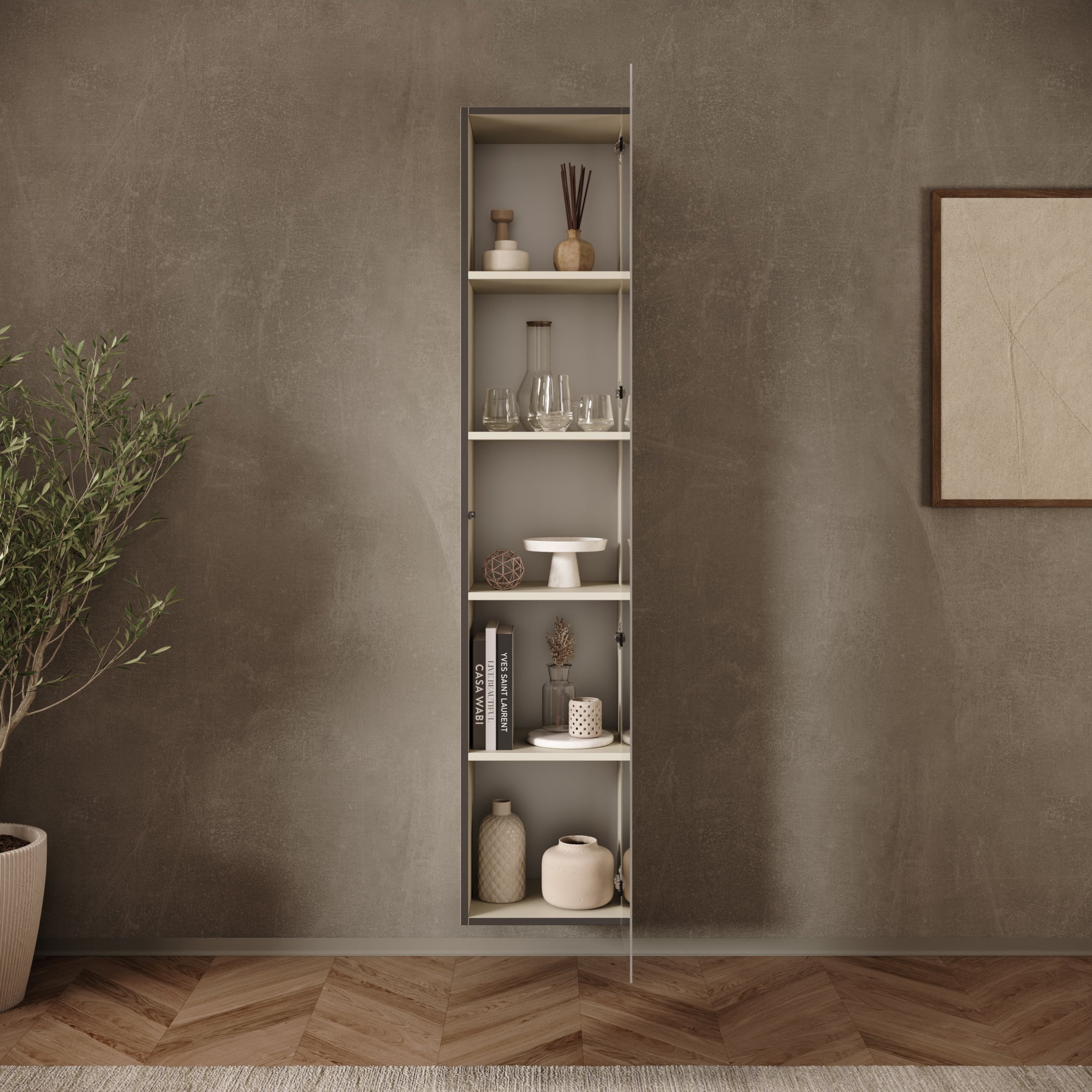 Merion - Vitrinekast met glas - Beige - 35x32x168 cm