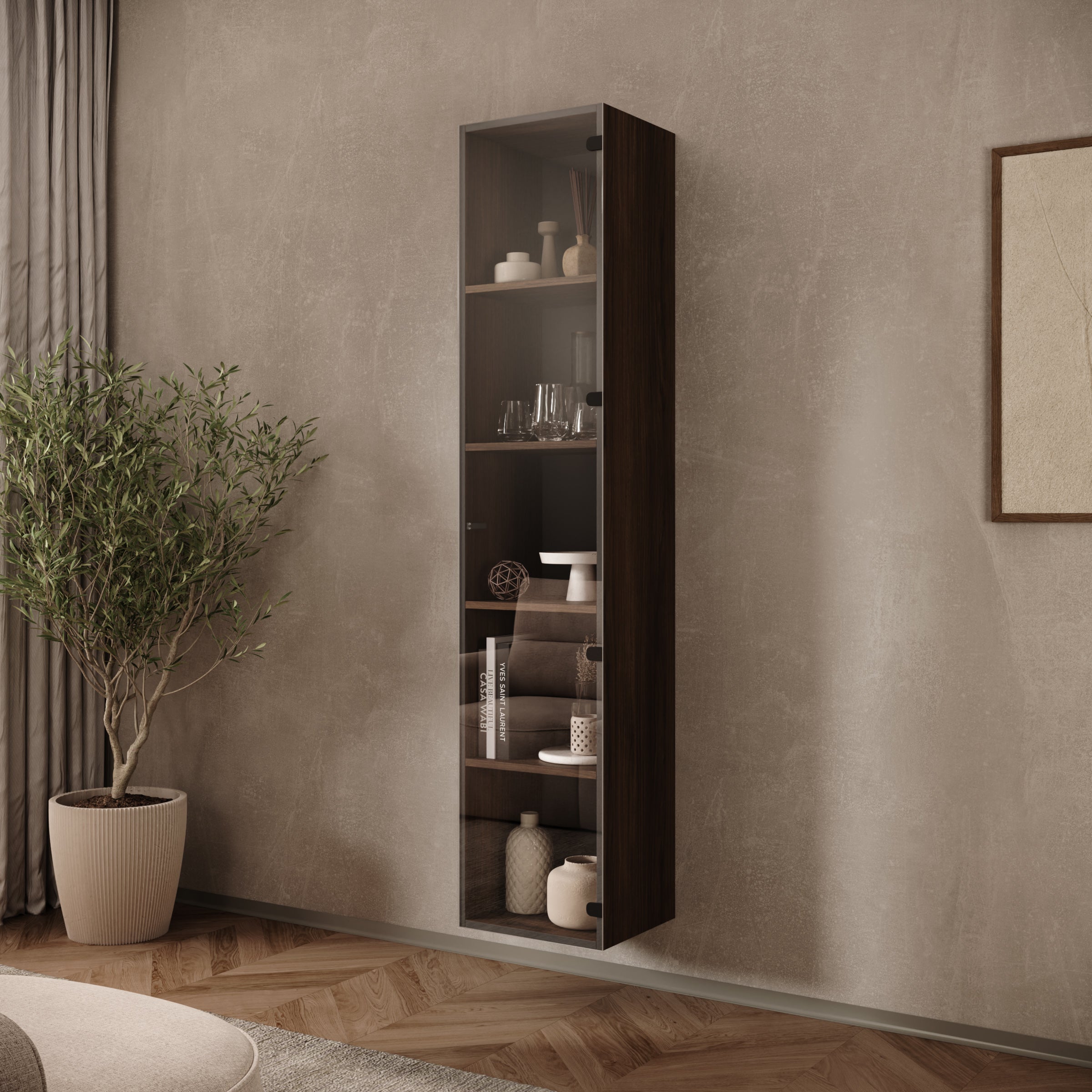 Merion - Vitrinekast met glas - Walnootpatroon - 35x32x168 cm