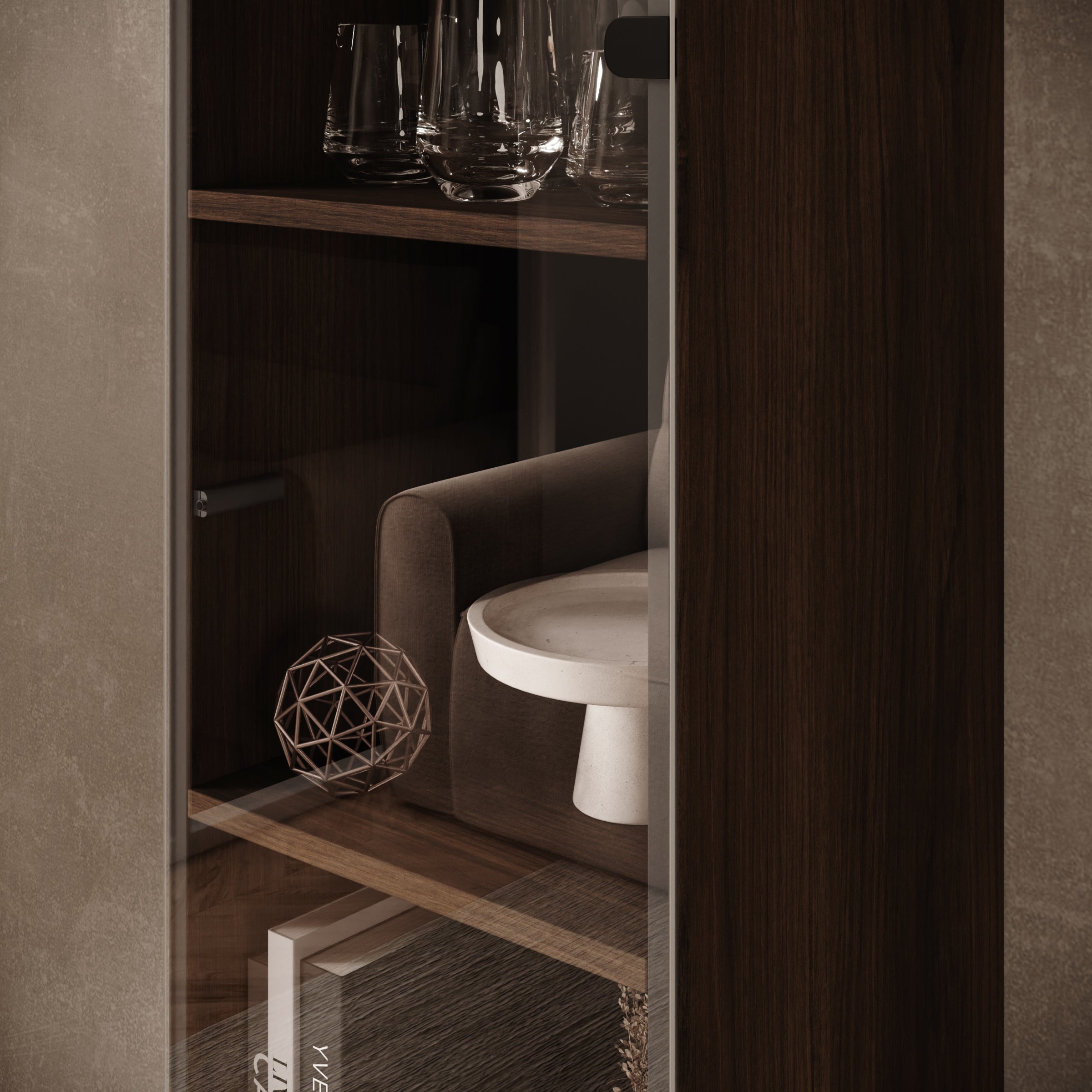 Merion - Vitrinekast met glas - Walnootpatroon - 35x32x168 cm