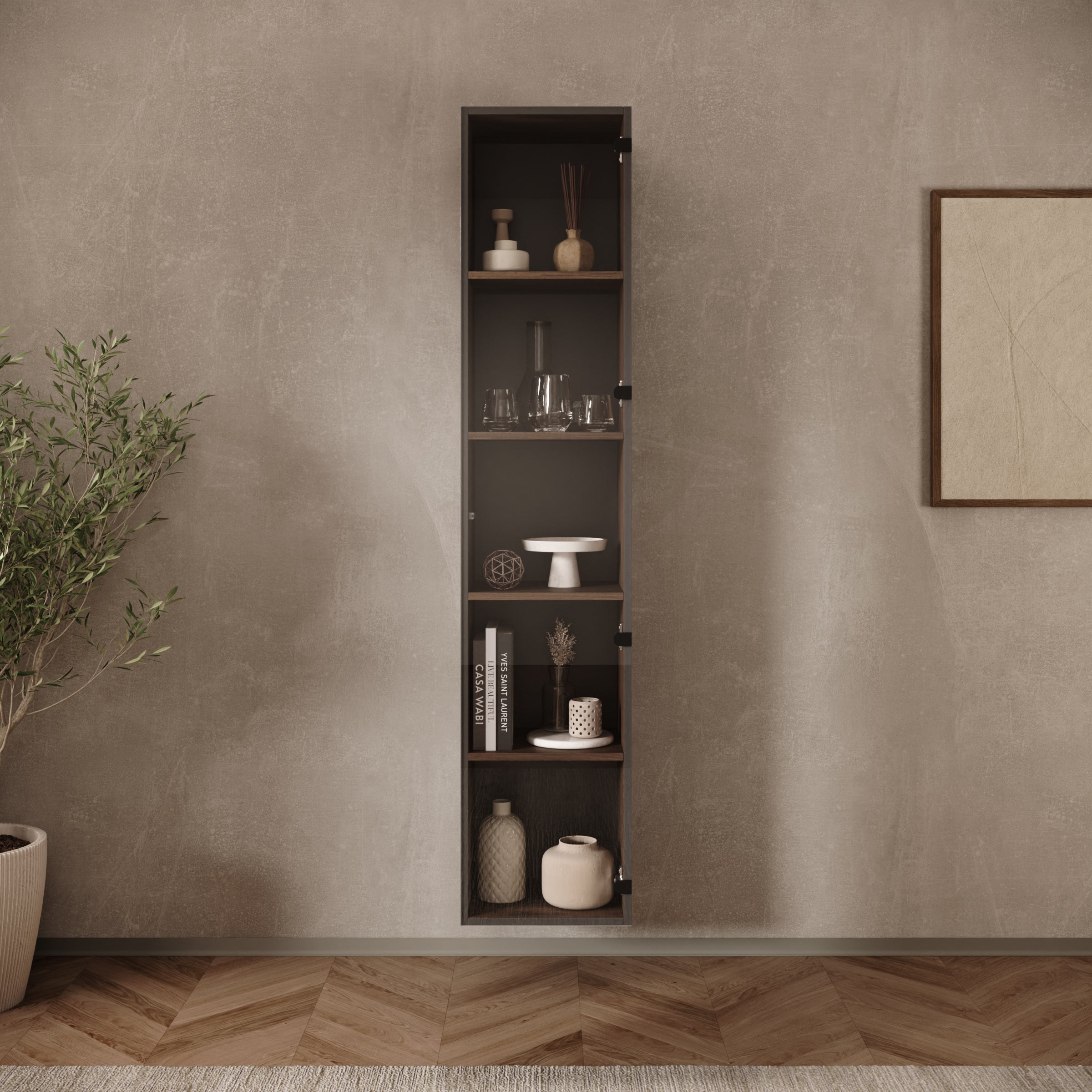 Merion - Vitrinekast met glas - Walnootpatroon - 35x32x168 cm