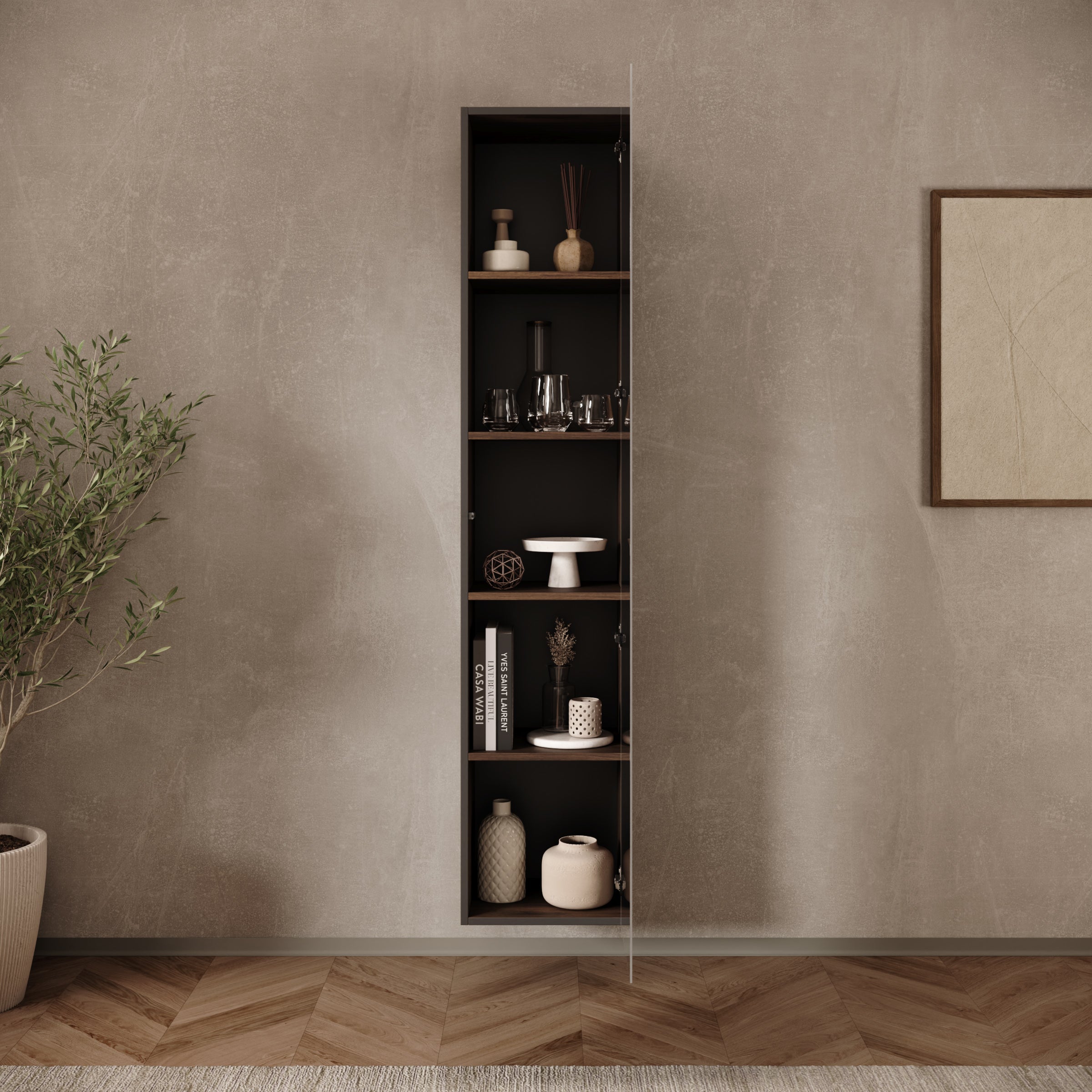 Merion - Vitrinekast met glas - Walnootpatroon - 35x32x168 cm