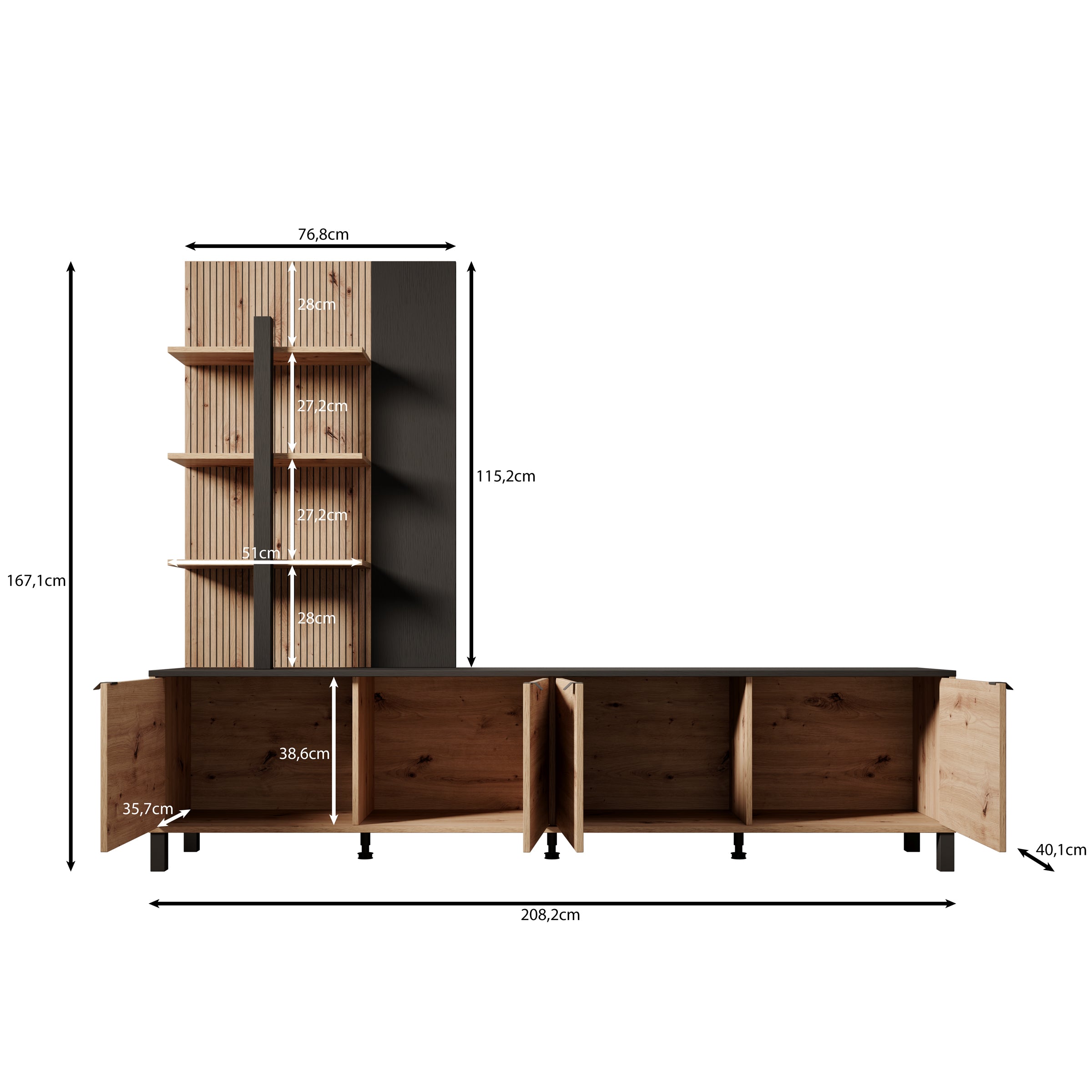 Merlo - Wandmeubel - Eikenpatroon - 208x40x167 cm