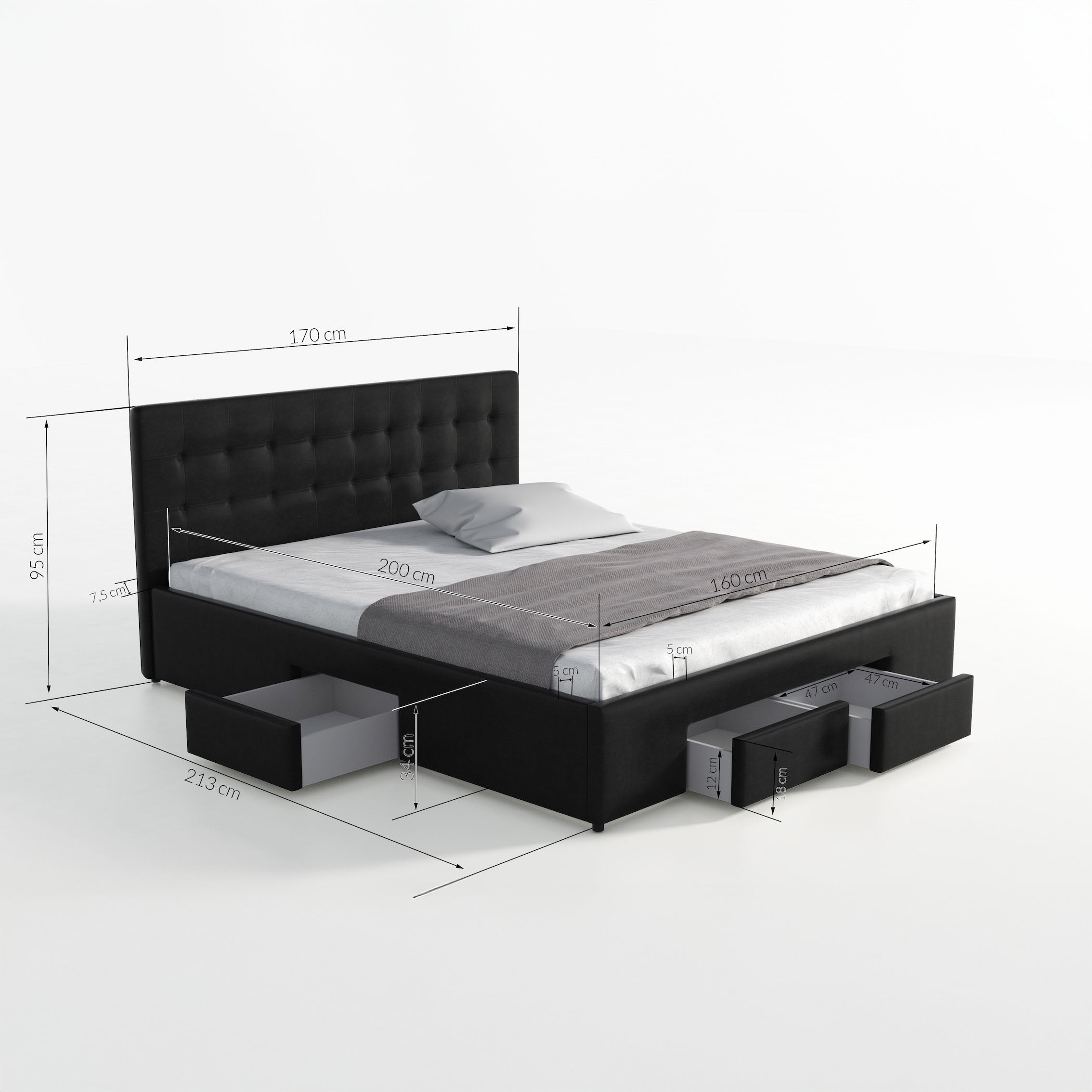 Milo - Tweepersoonsbed met lades - Zwart - 160x200 cm