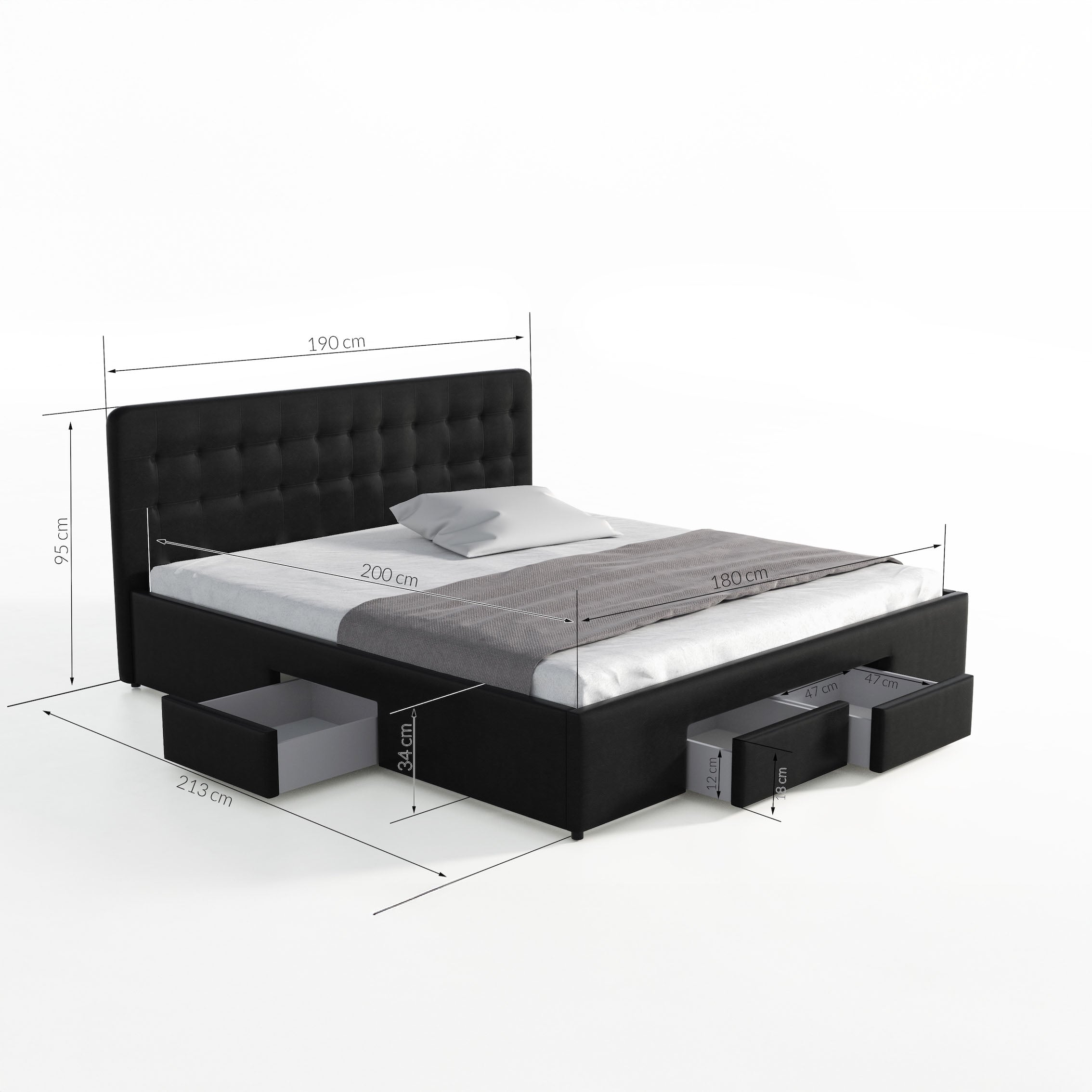 Milo - Tweepersoonsbed met lades - Zwart - 180x200 cm