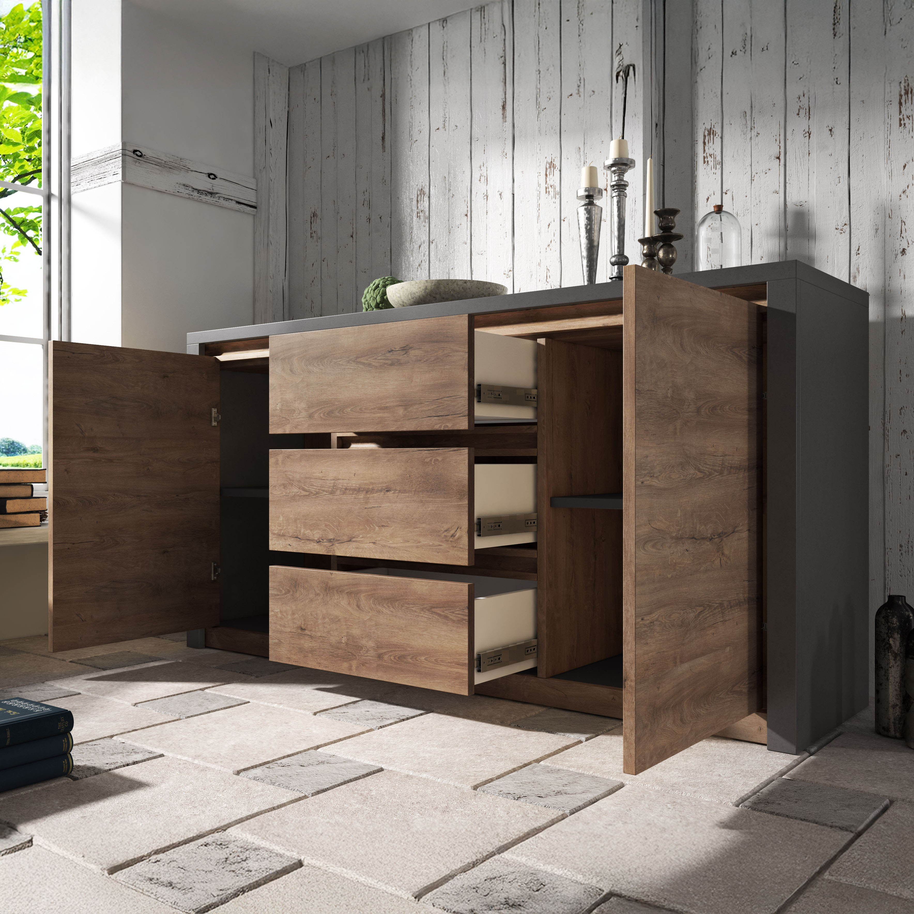 Monaco - Dressoir - Eiken/grijs - 140x43x80 cm