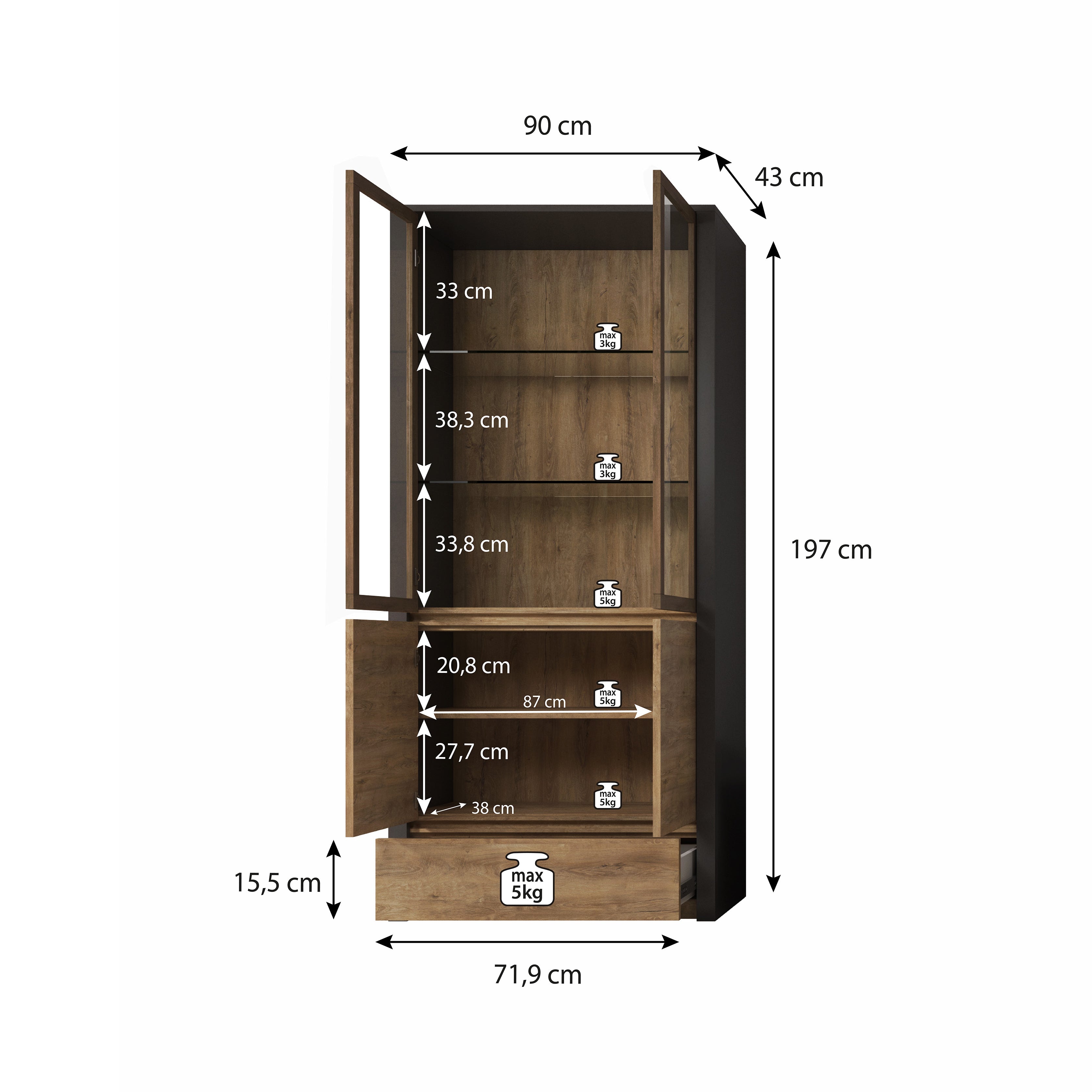 Monaco - Vitrinekast - Eiken/grijs - 90x43x197 cm
