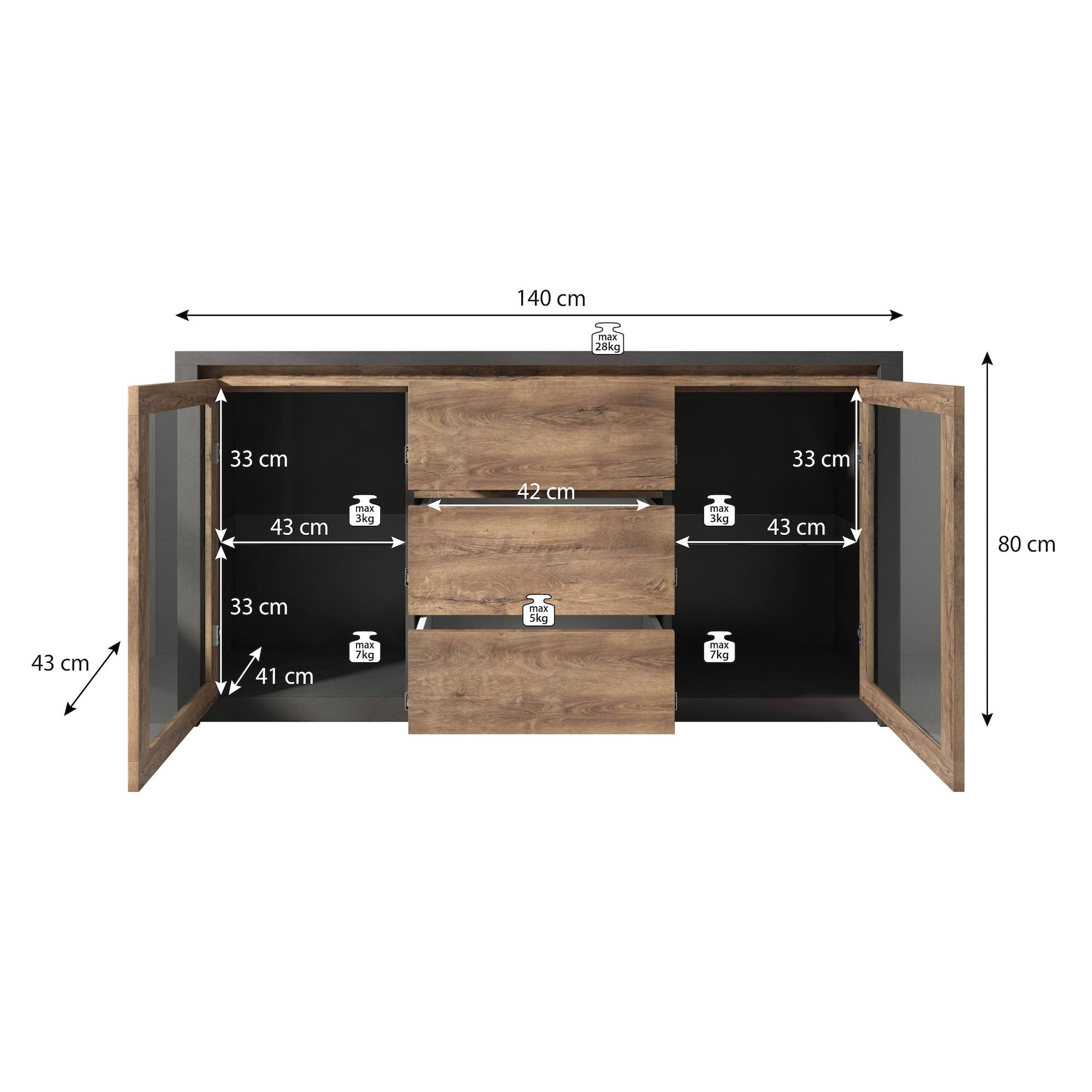 Monaco 2 - Dressoir - Eiken/grijs - 140x43x80 cm