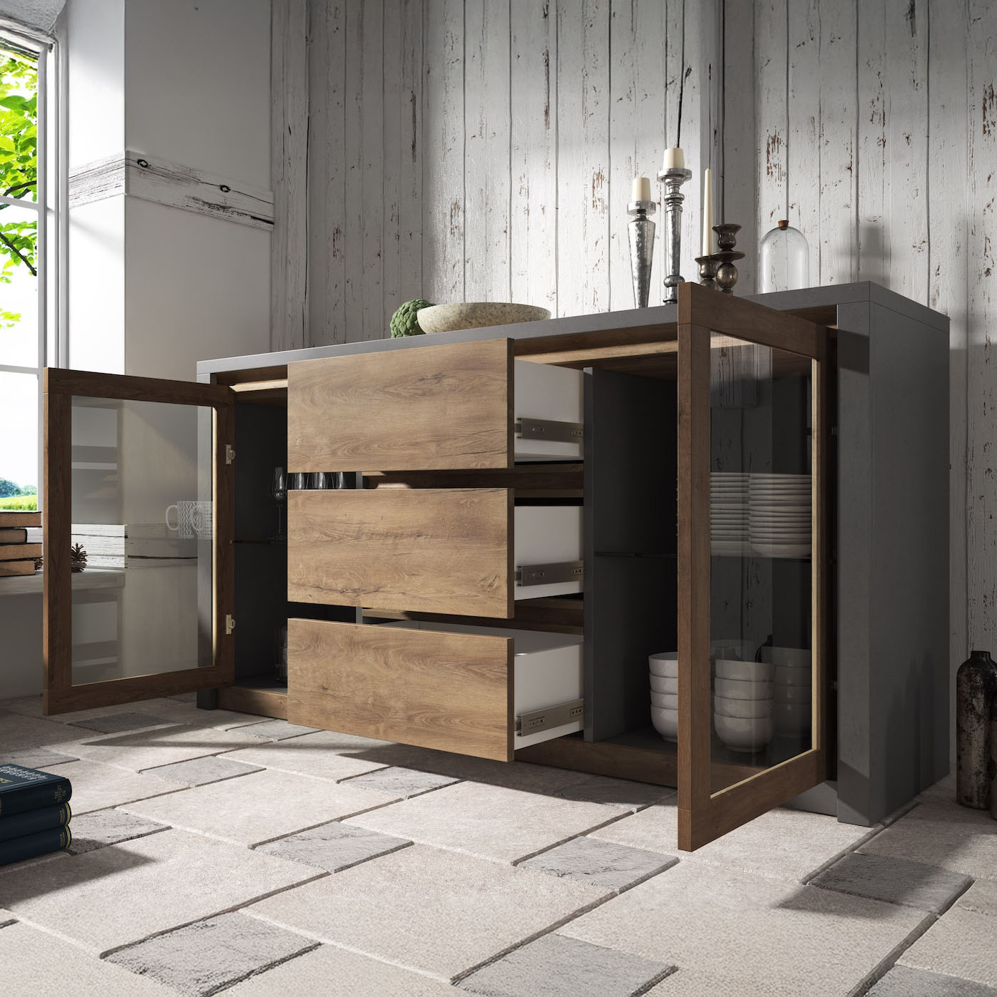 Monaco 2 - Dressoir - Eiken/grijs - 140x43x80 cm