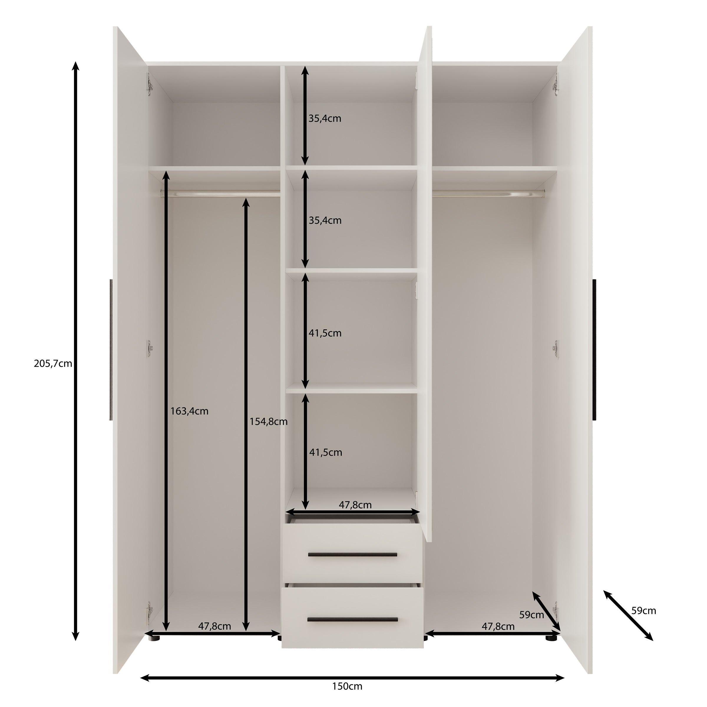 Montalo - Kledingkast 3-deurs - Wit - 150x59x206 cm