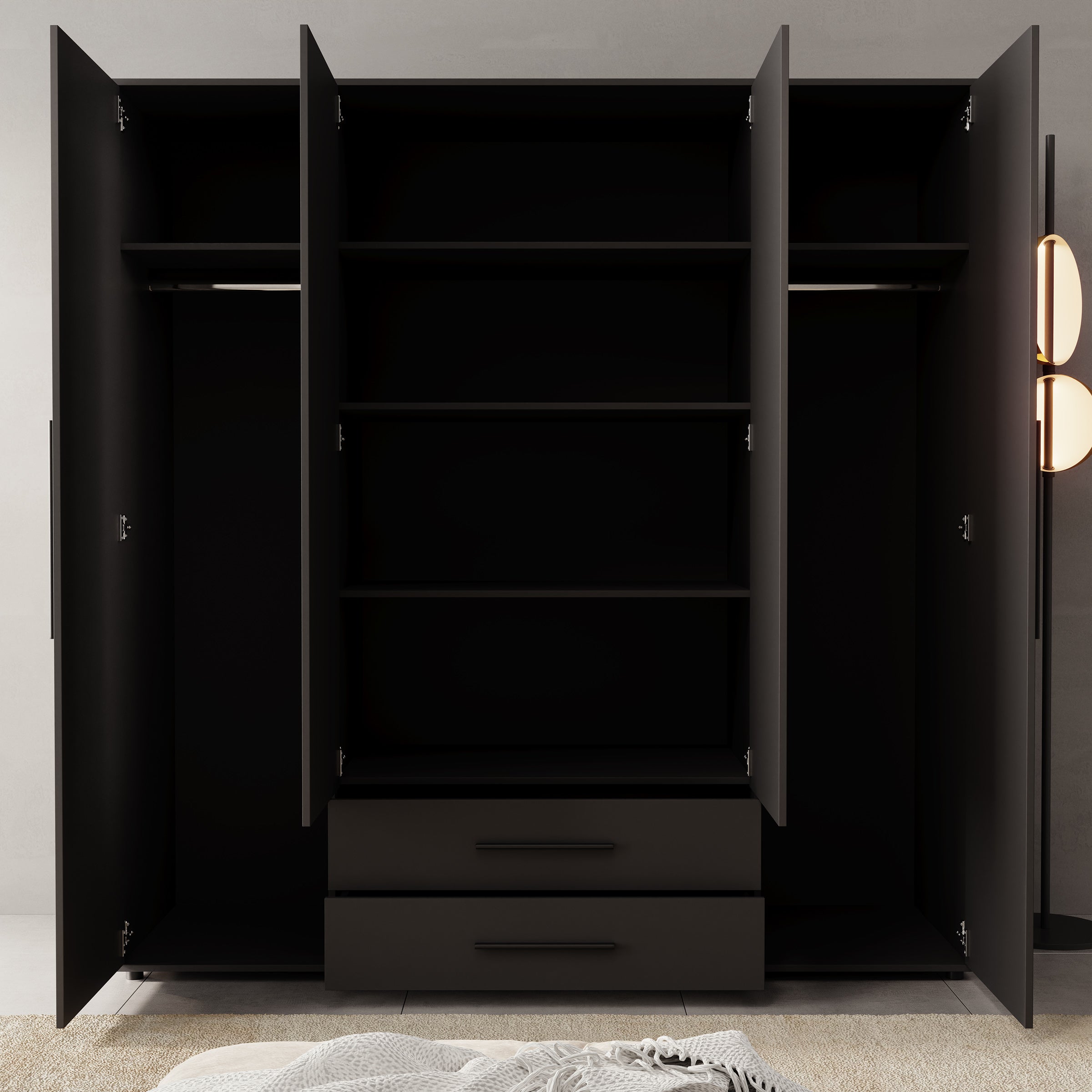 Montalo - Kledingkast 4-deurs - Zwart - 198x59x206 cm