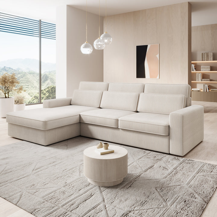 Montore - Hoekbank 3-zits met chaise longue - Ribstof beige - Links