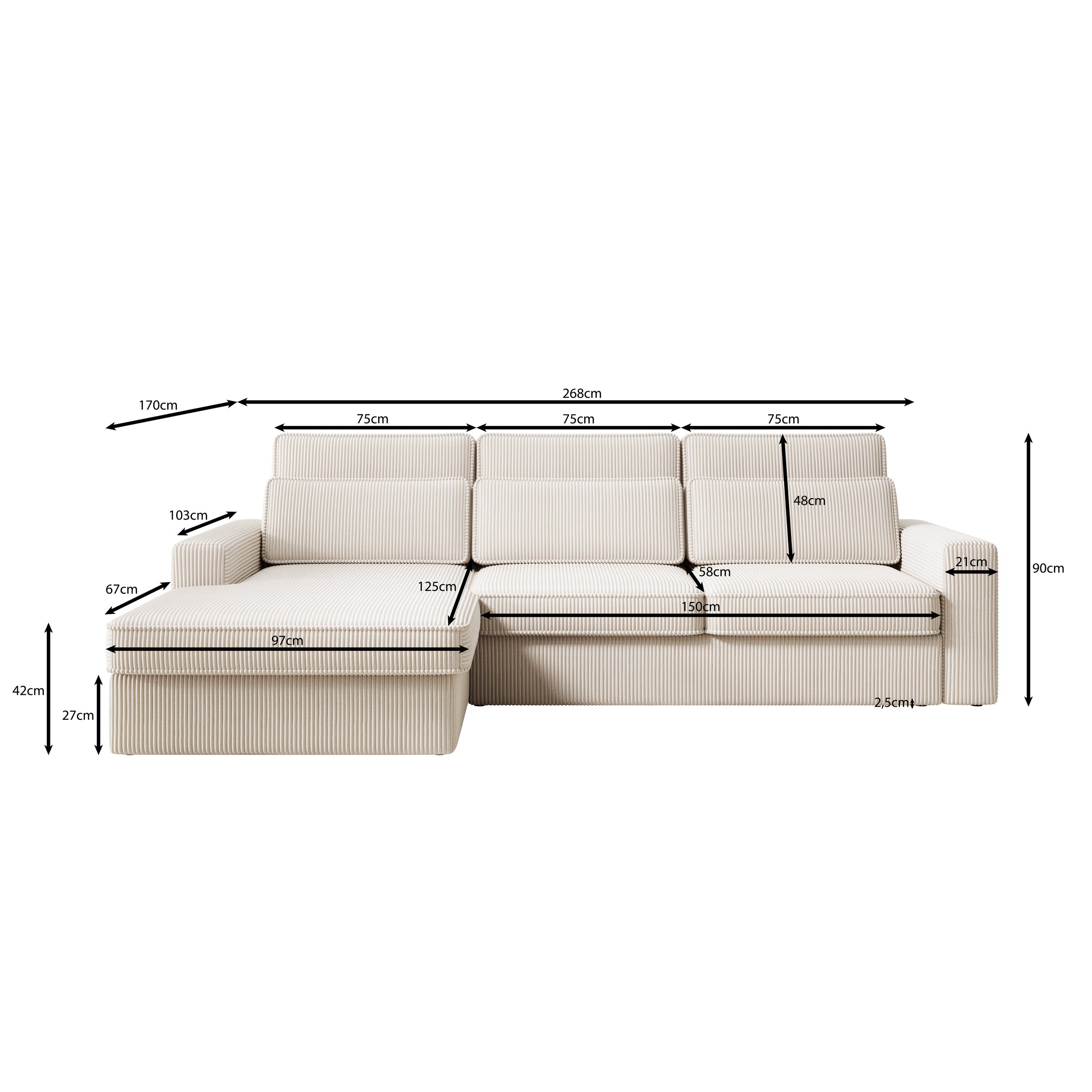 Montore - Hoekbank 3-zits met chaise longue - Ribstof beige - Links