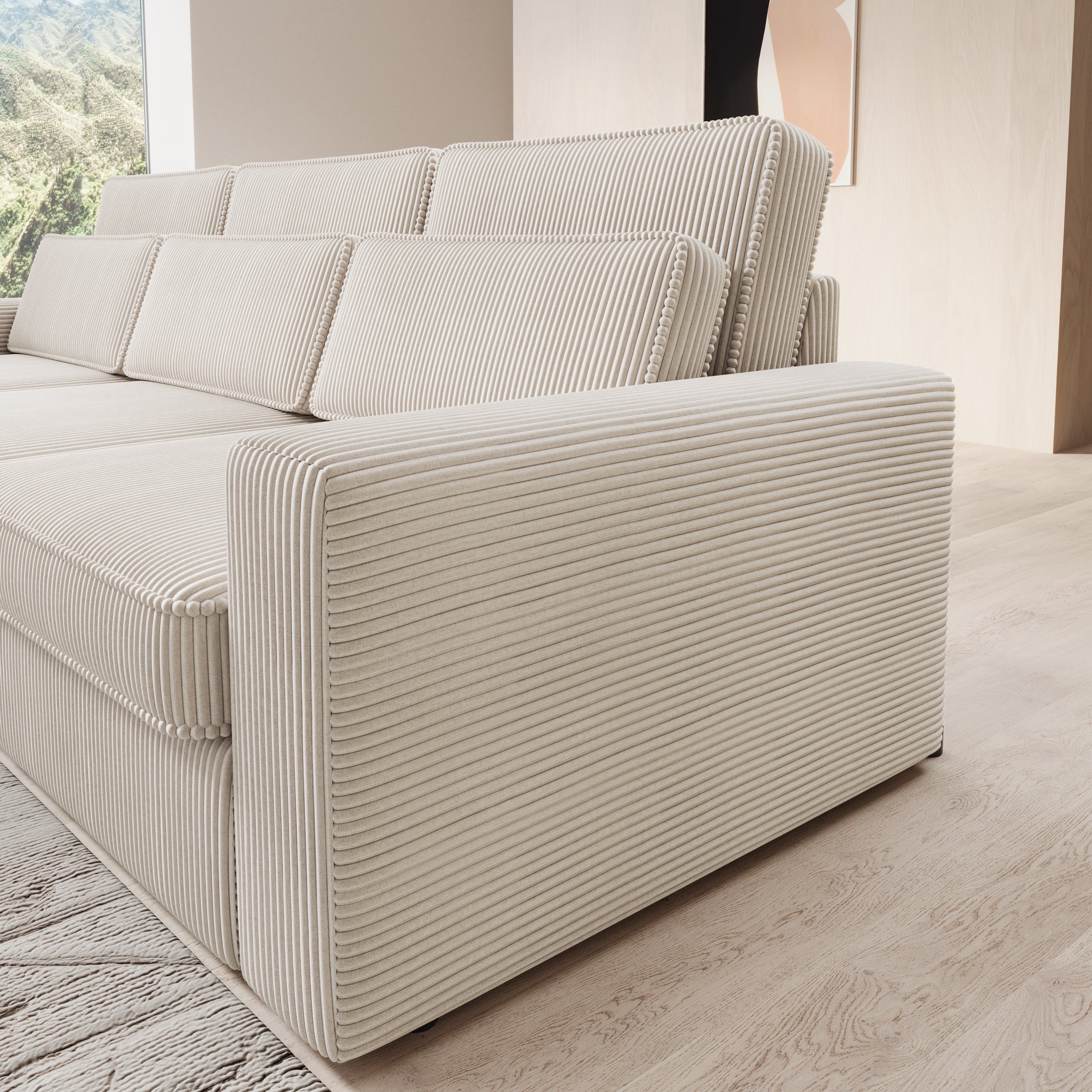 Montore - Hoekbank 3-zits met chaise longue - Ribstof beige - Links