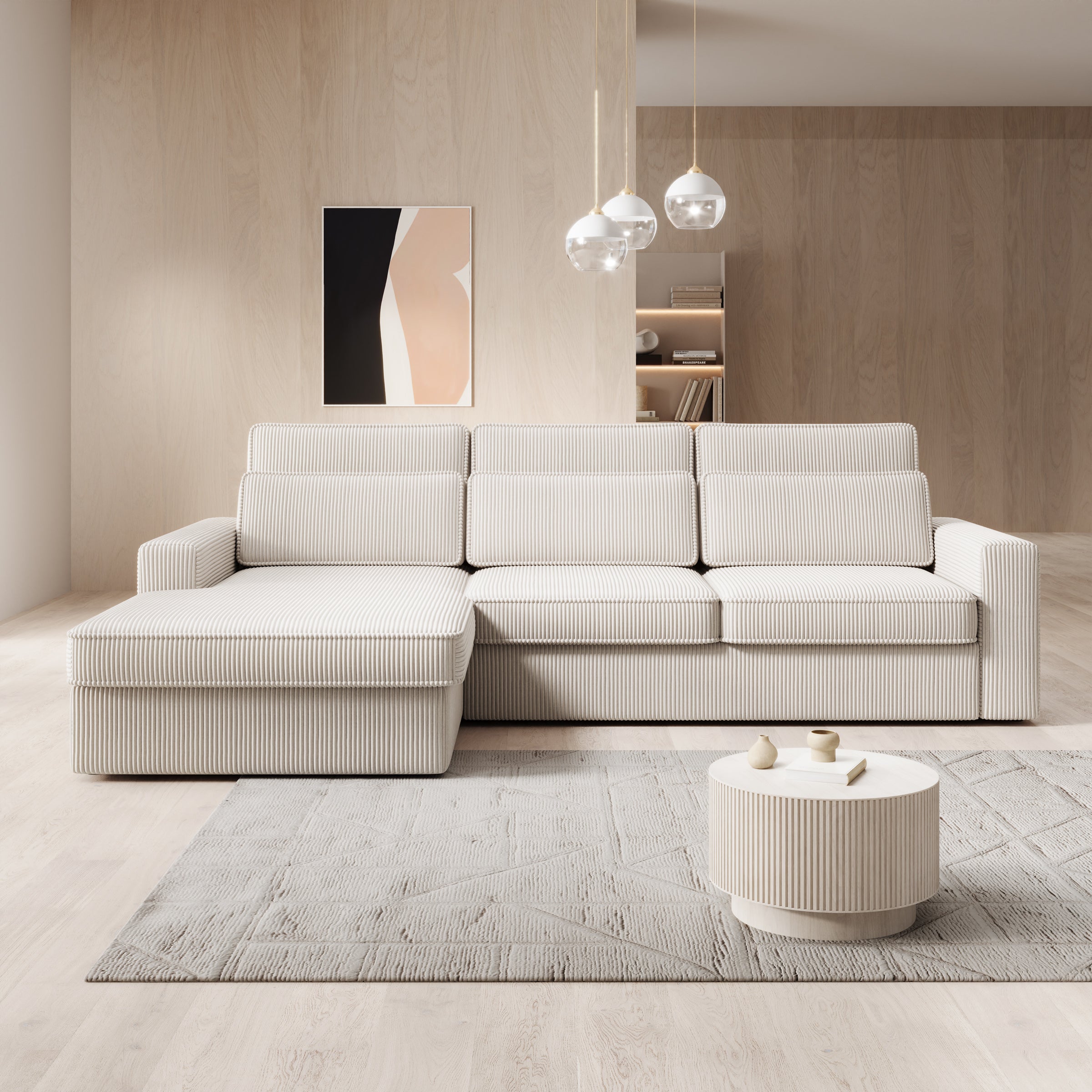Montore - Hoekbank 3-zits met chaise longue - Ribstof beige - Links