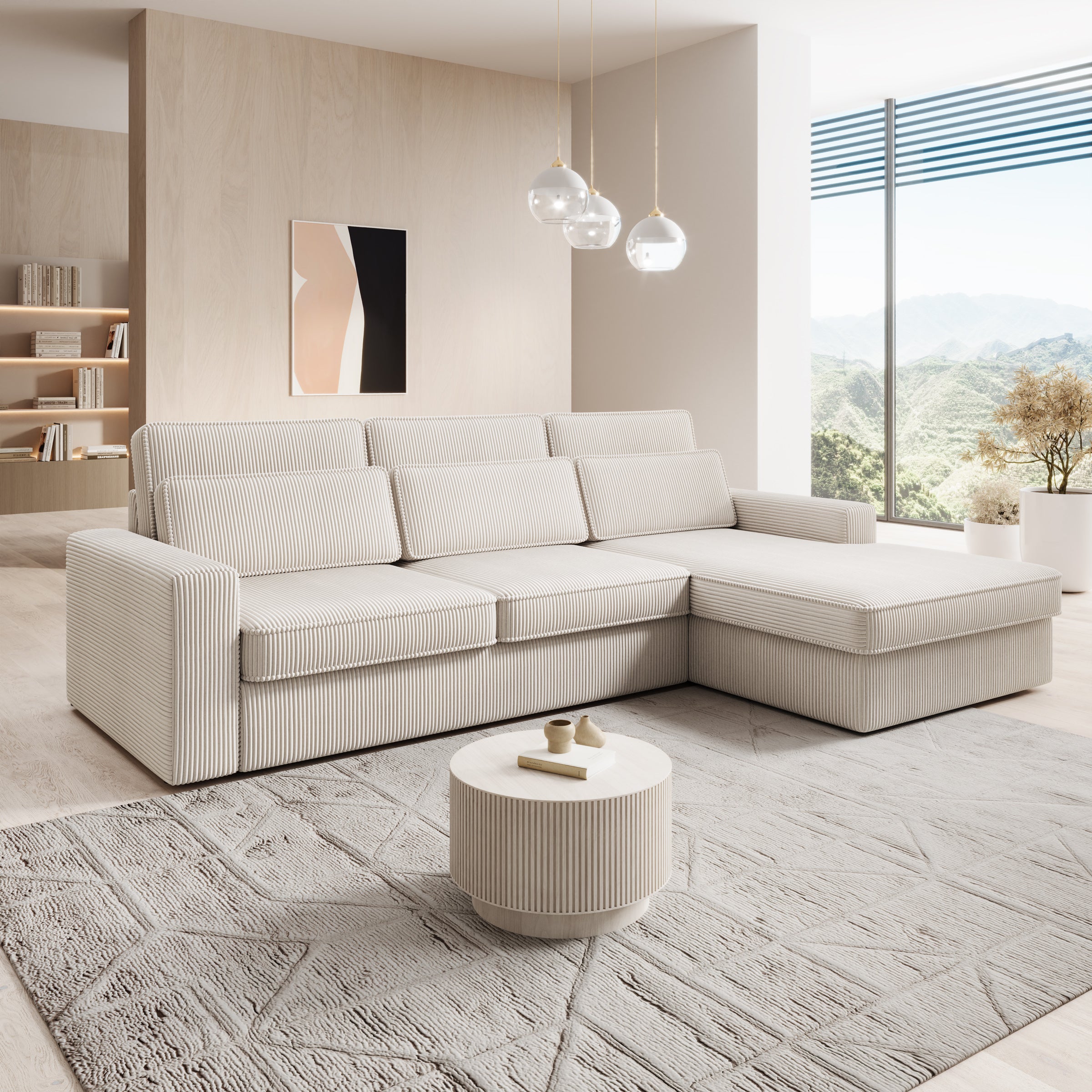 Montore - Hoekbank 3-zits met chaise longue - Ribstof beige - Rechts