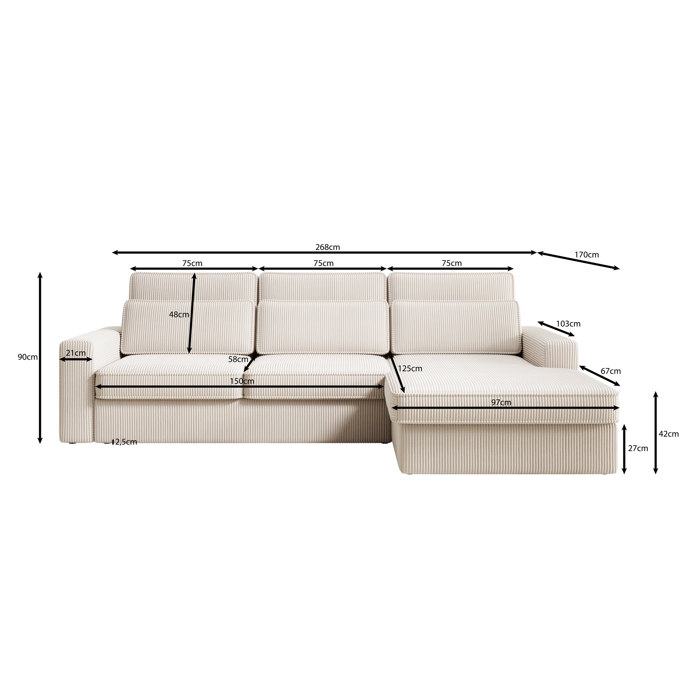 Montore - Hoekbank 3-zits met chaise longue - Ribstof beige - Rechts