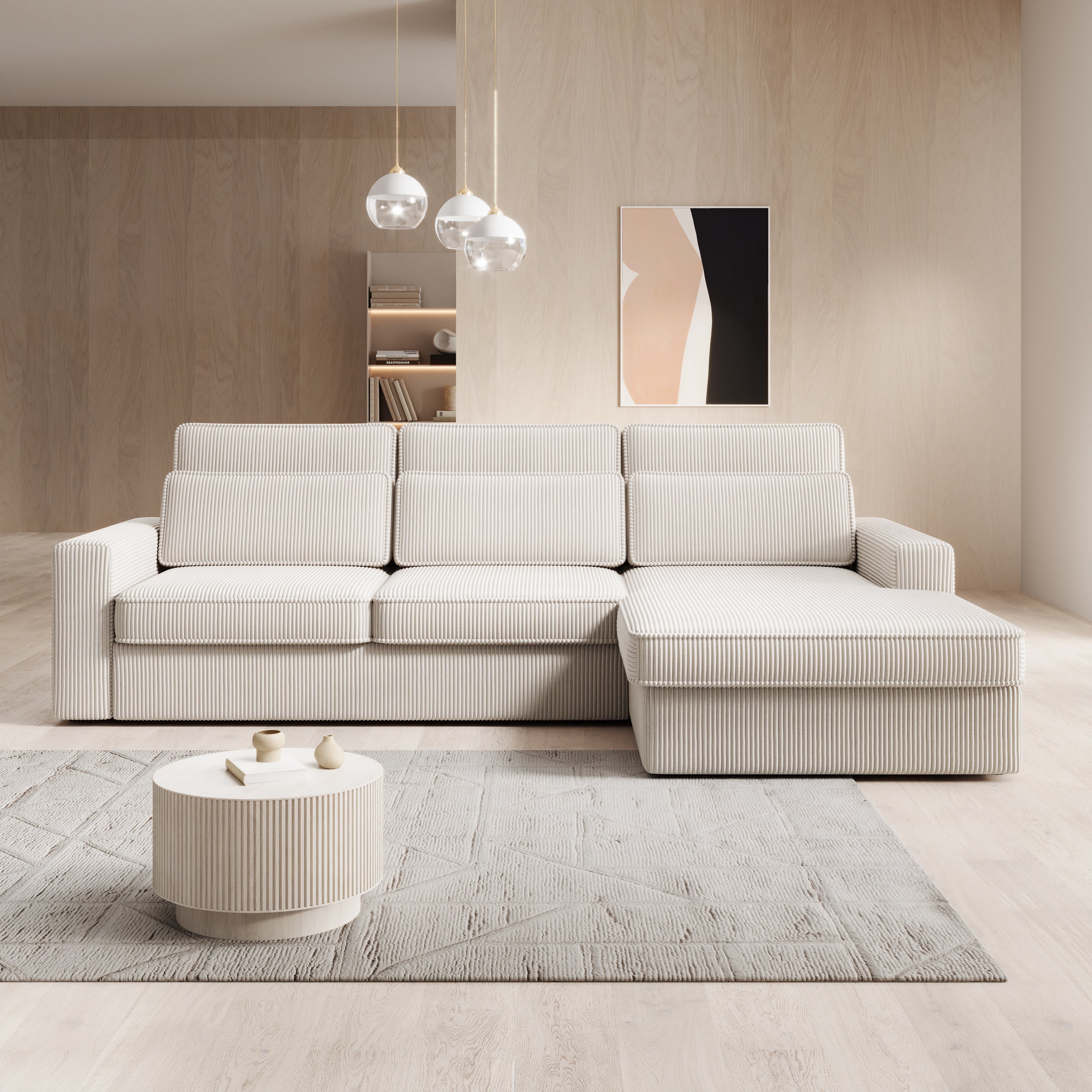 Montore - Hoekbank 3-zits met chaise longue - Ribstof beige - Rechts