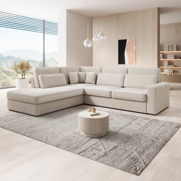 Montore - Hoekbank 5-zits met chaise longue - Ribstof beige - Links