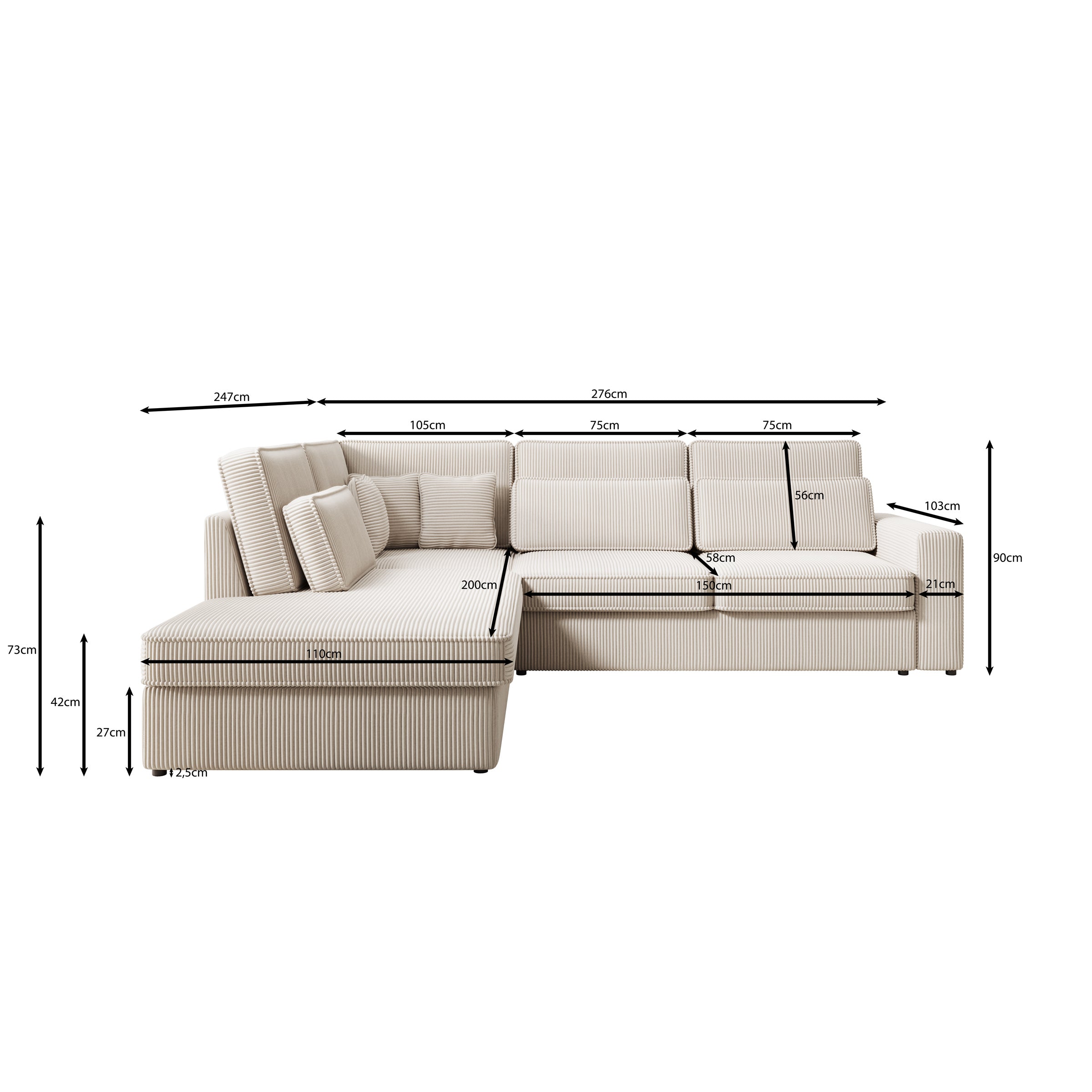 Montore - Hoekbank 5-zits met chaise longue - Ribstof beige - Links