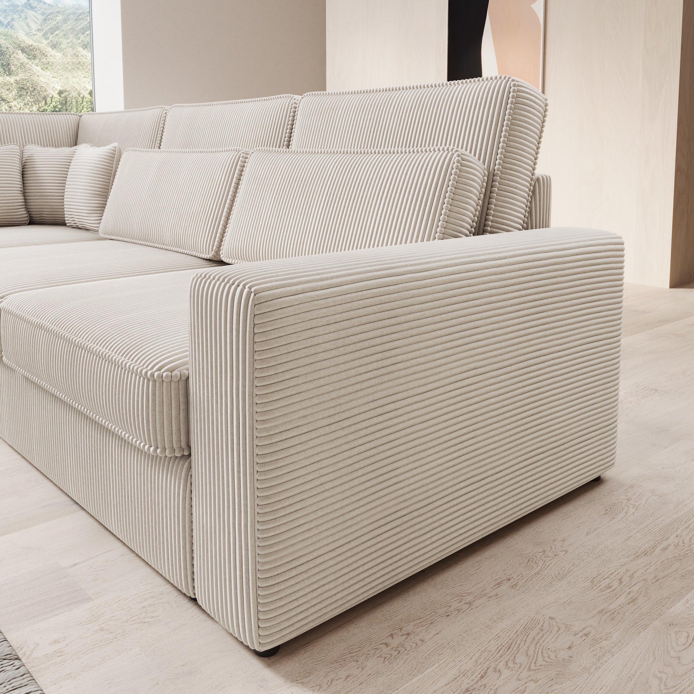 Montore - Hoekbank 5-zits met chaise longue - Ribstof beige - Links
