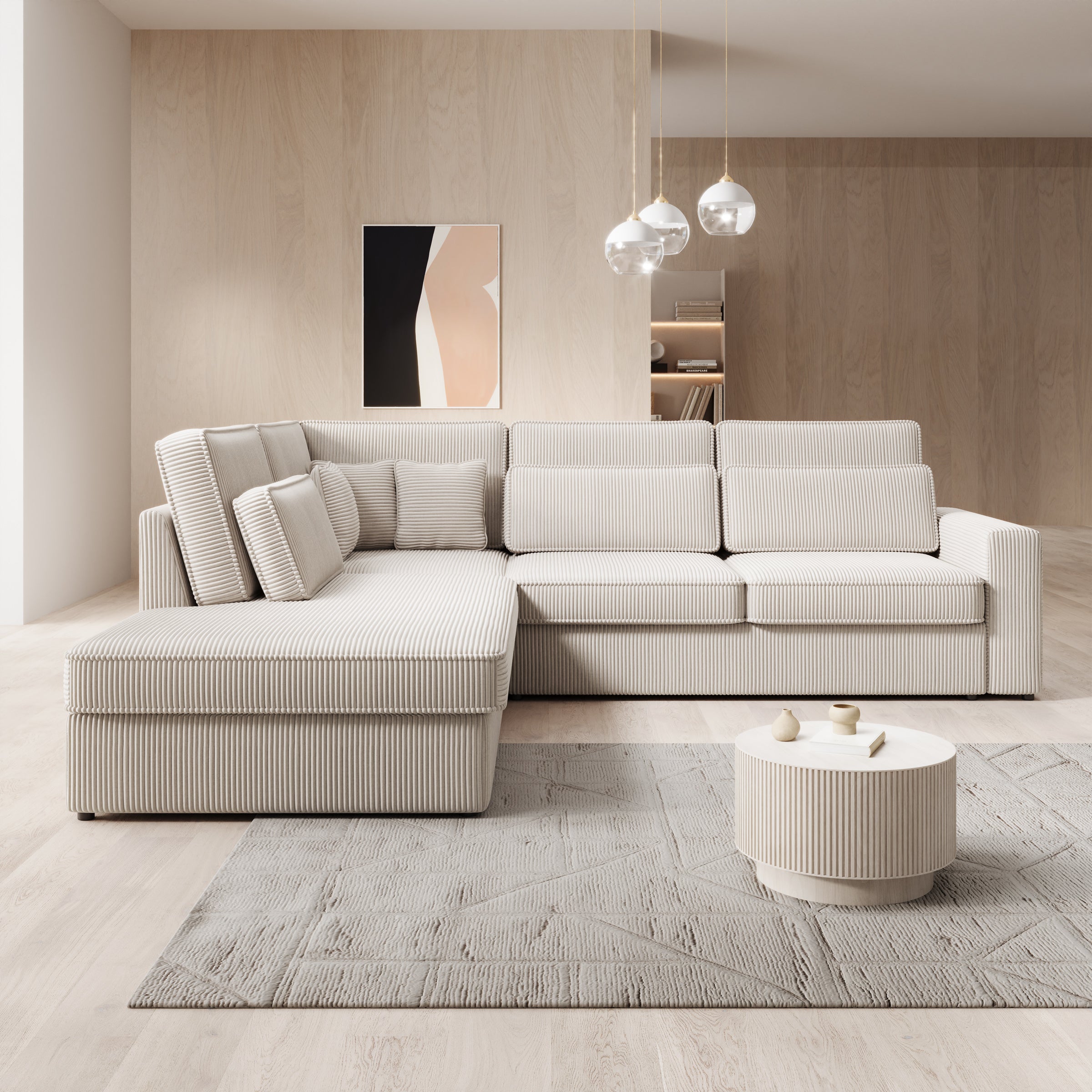 Montore - Hoekbank 5-zits met chaise longue - Ribstof beige - Links