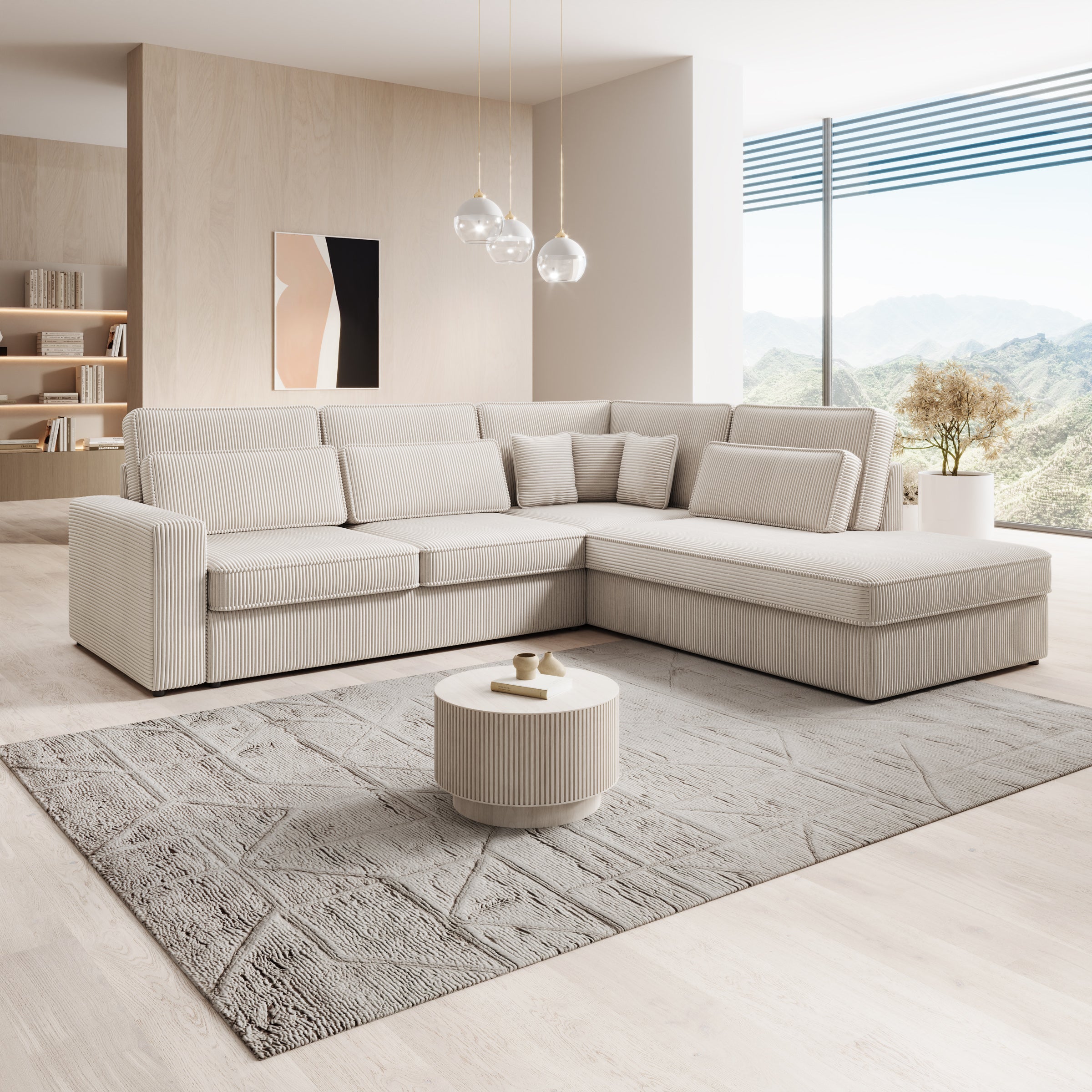 Montore - Hoekbank 5-zits met chaise longue - Ribstof beige - Rechts