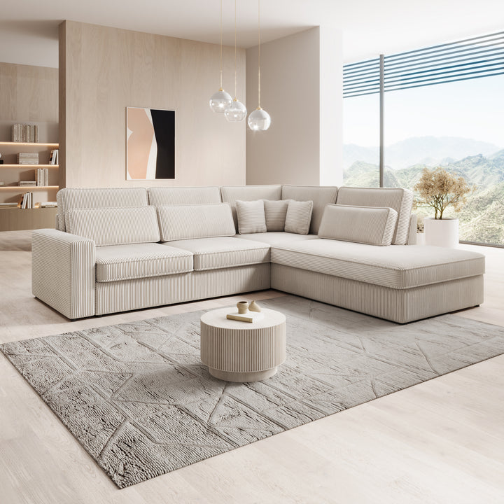 Montore - Hoekbank 5-zits met chaise longue - Ribstof beige - Rechts