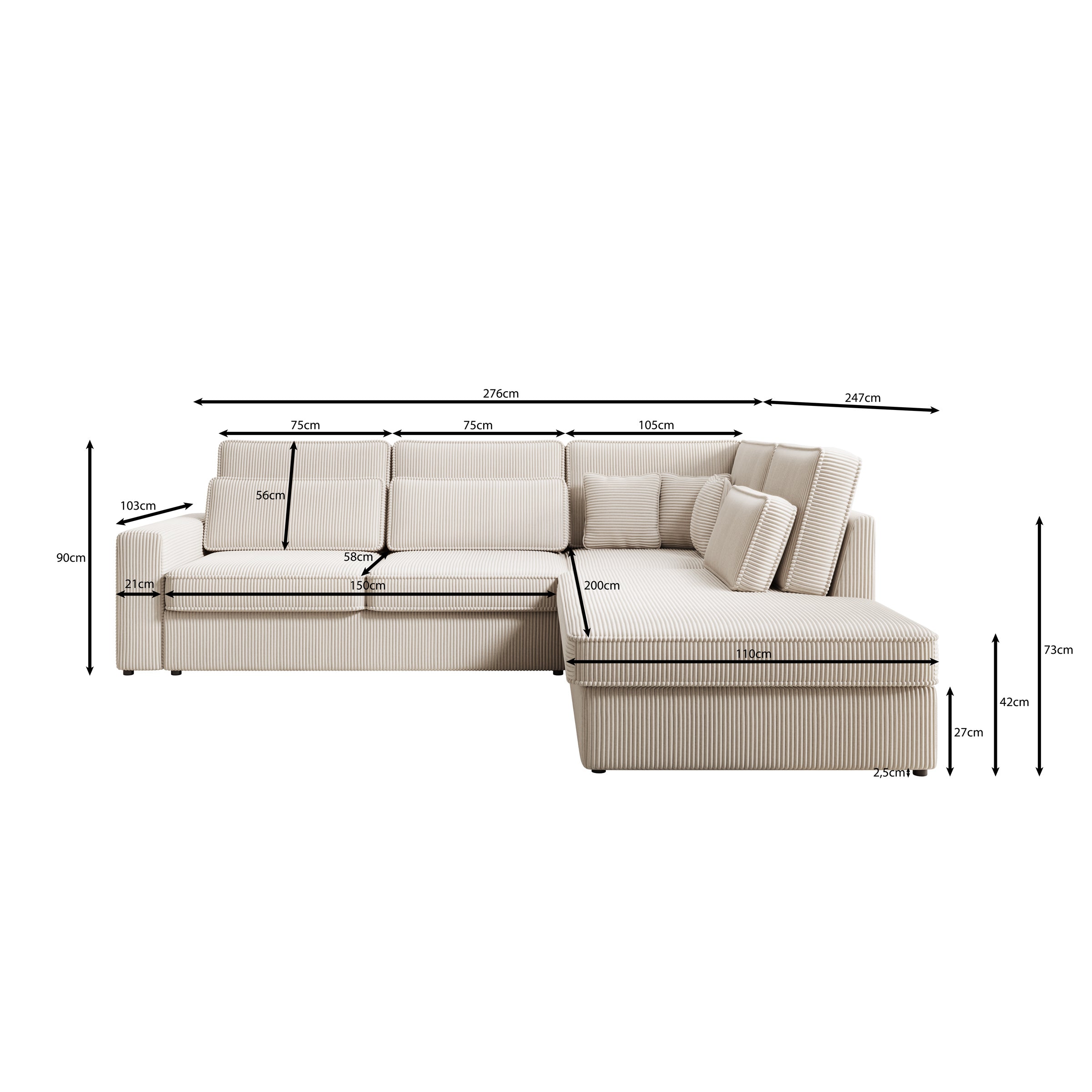 Montore - Hoekbank 5-zits met chaise longue - Ribstof beige - Rechts