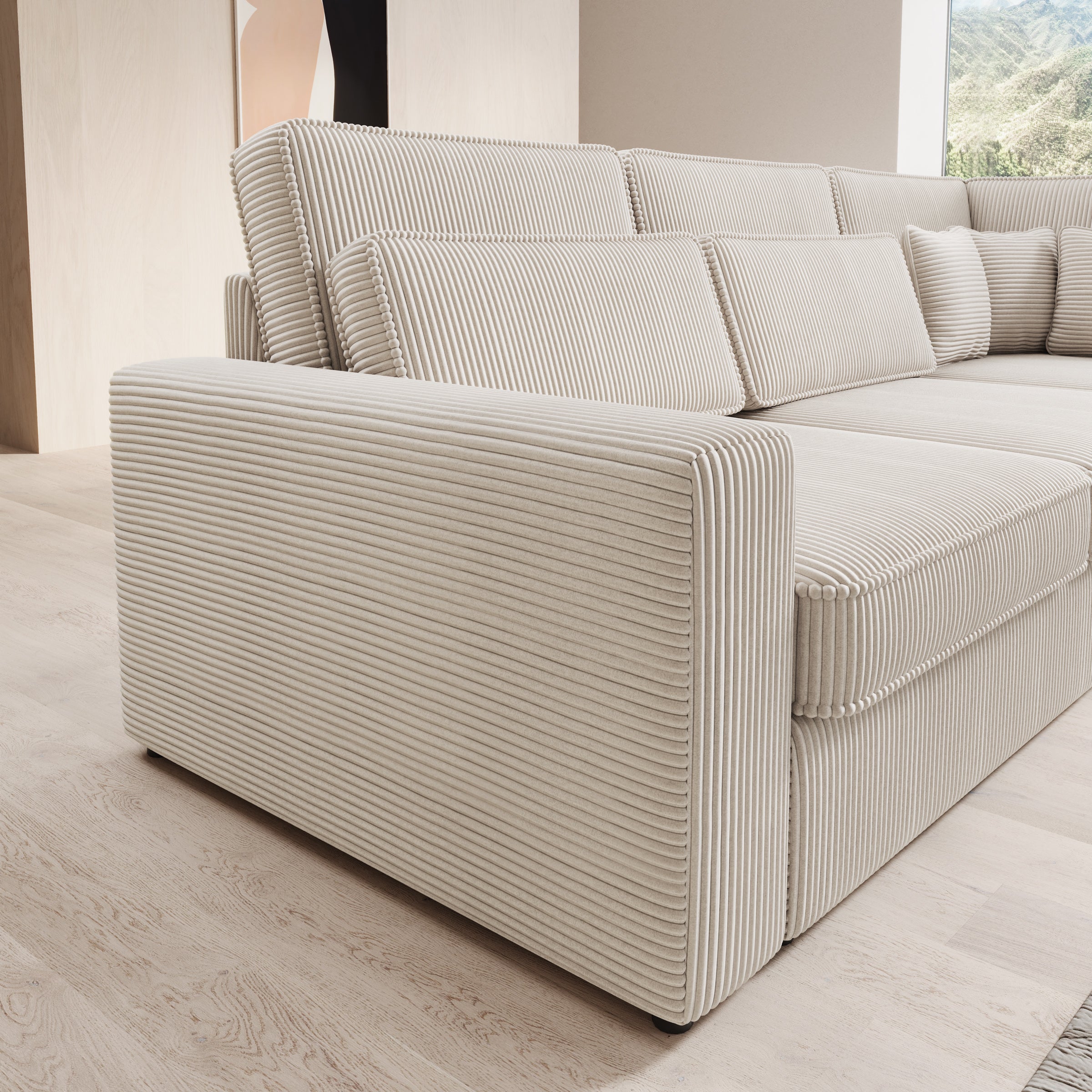Montore - Hoekbank 5-zits met chaise longue - Ribstof beige - Rechts