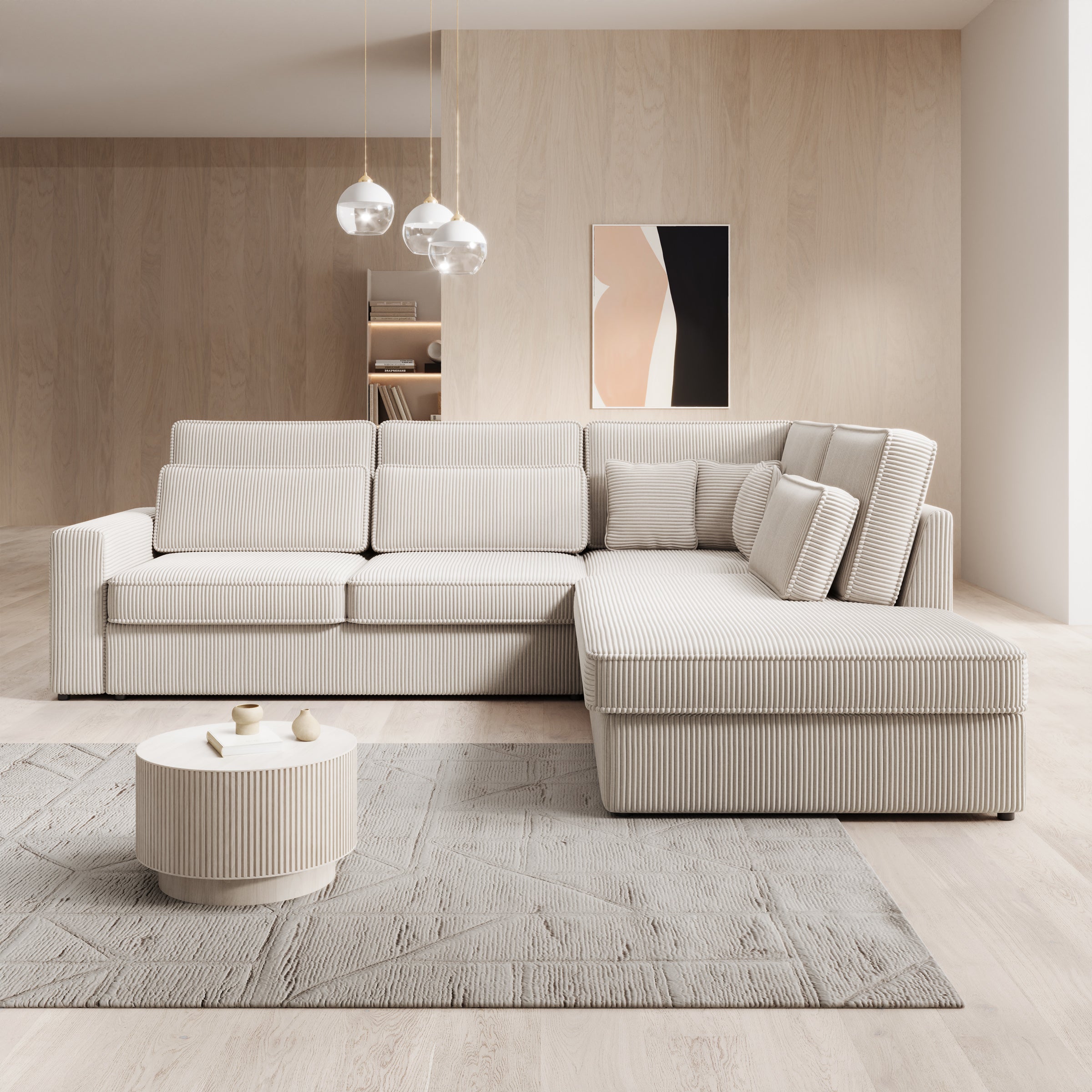 Montore - Hoekbank 5-zits met chaise longue - Ribstof beige - Rechts