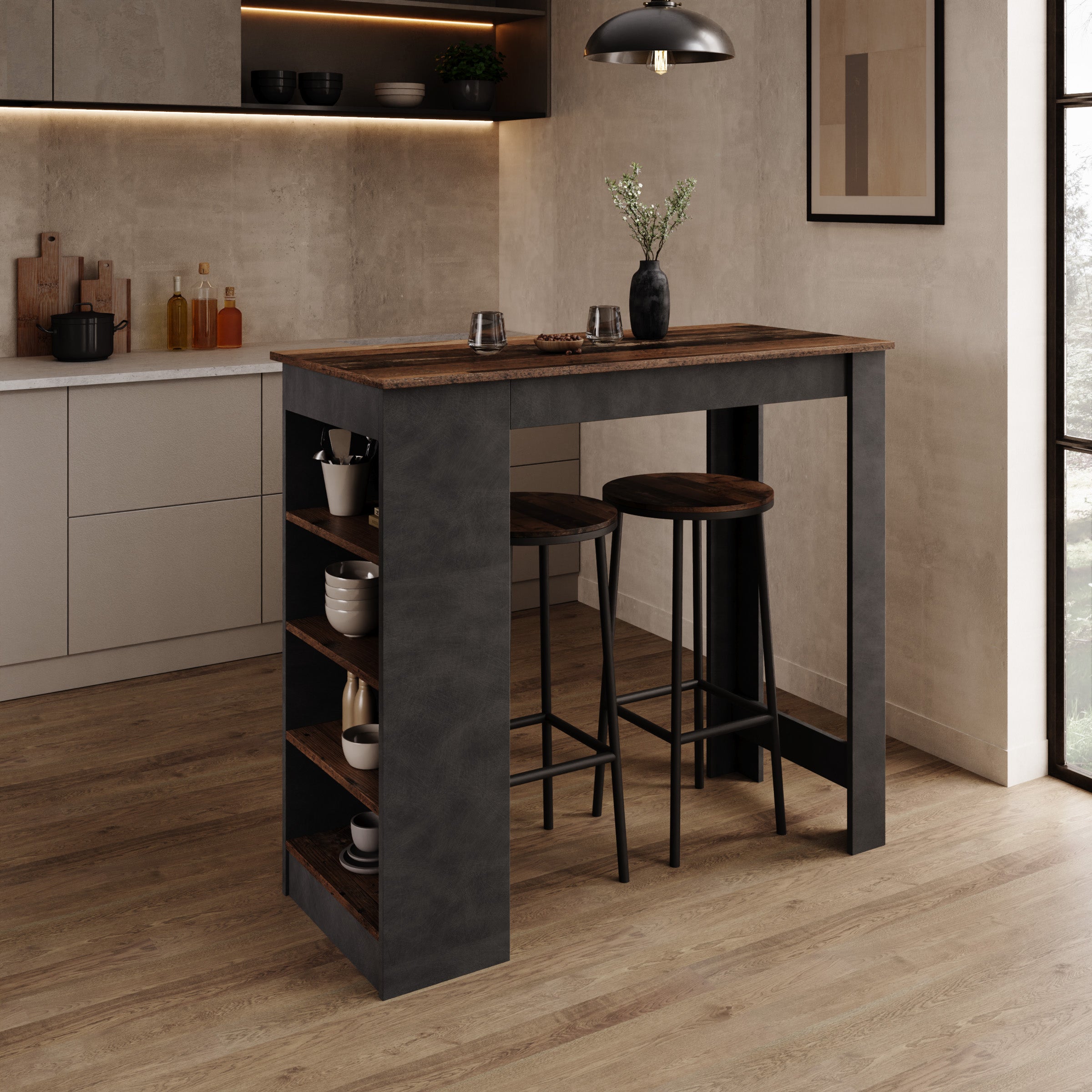 Montrell - Bartafel - Donker eikenpatroon/Grijs - 115x50x103 cm