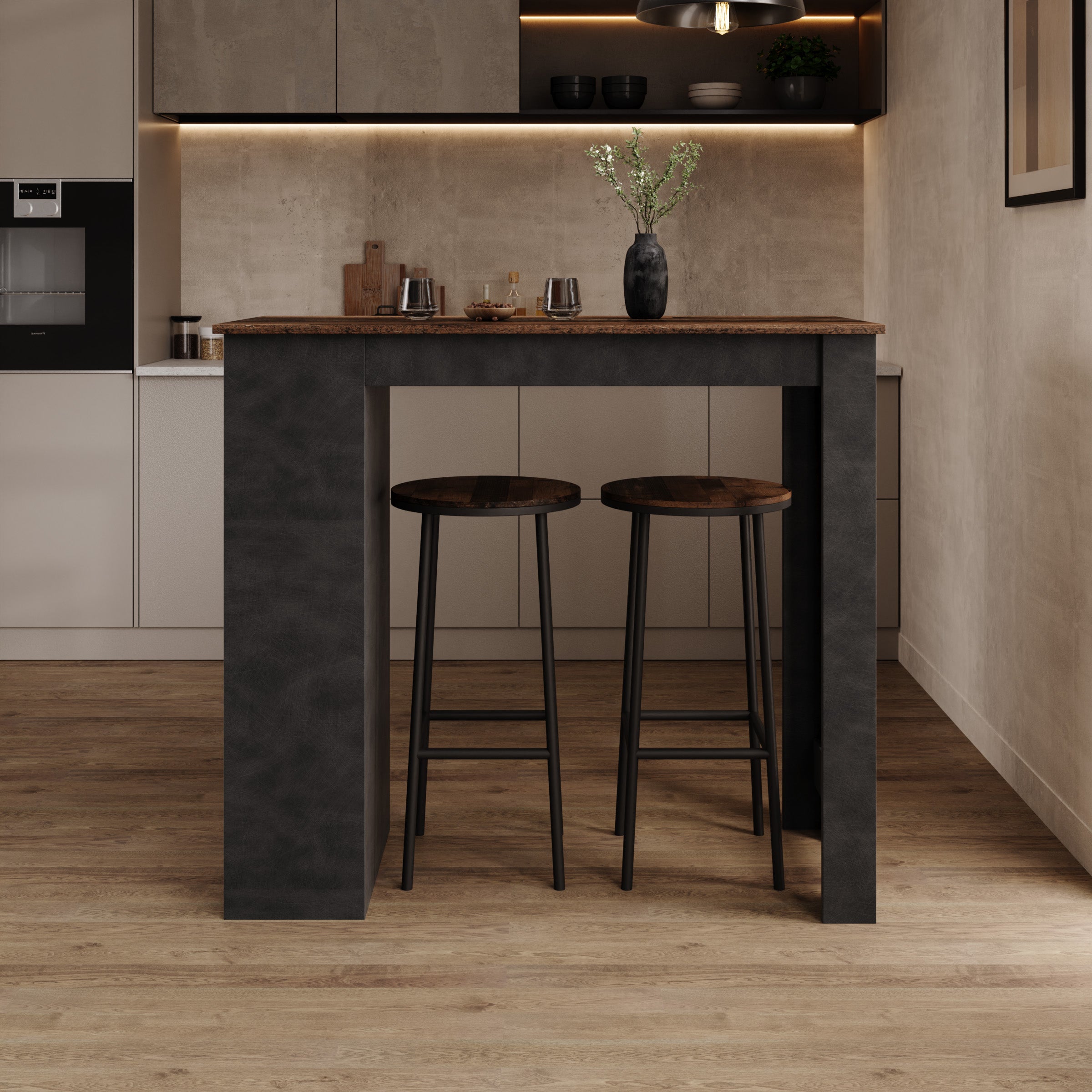 Montrell - Bartafel - Donker eikenpatroon/Grijs - 115x50x103 cm