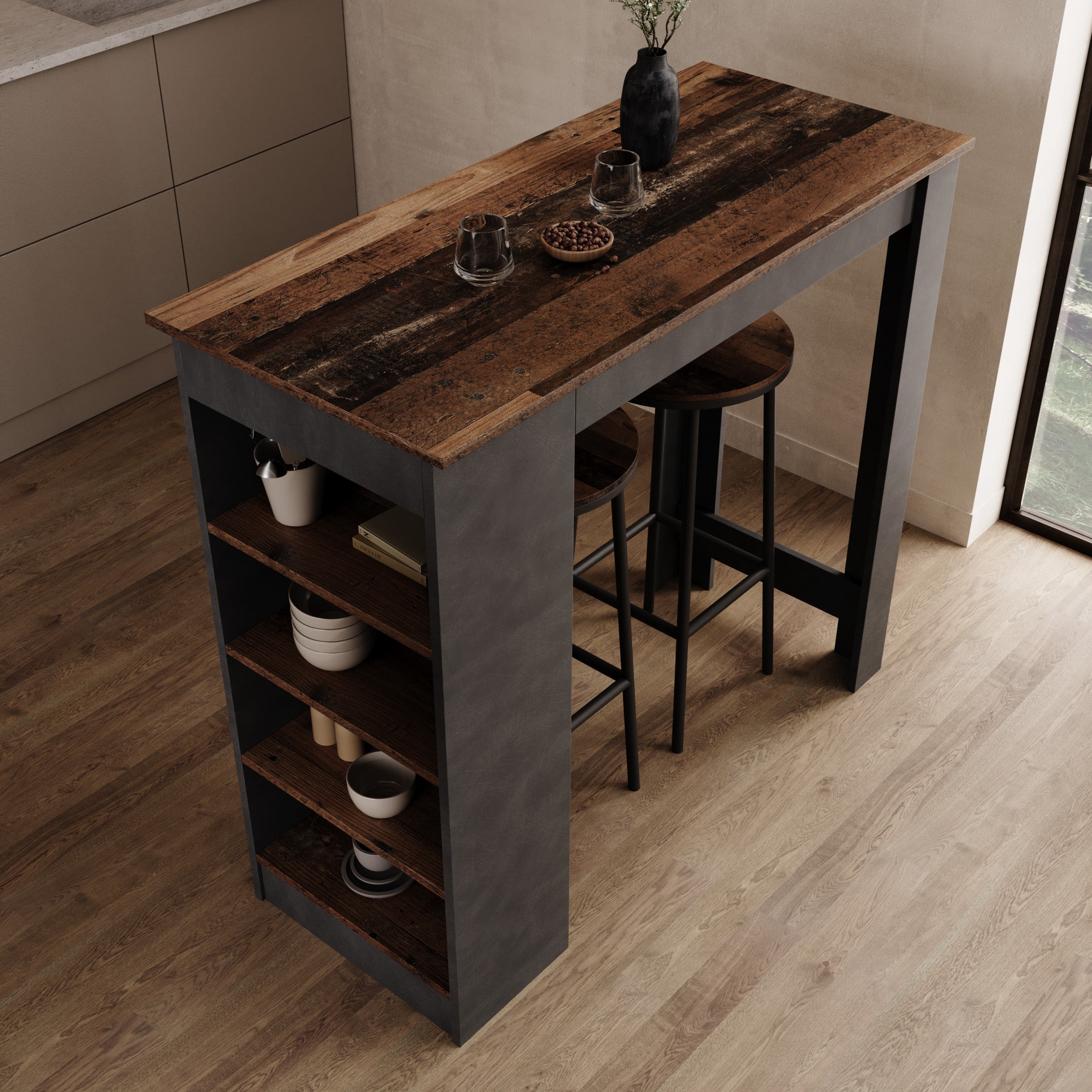 Montrell - Bartafel - Donker eikenpatroon/Grijs - 115x50x103 cm