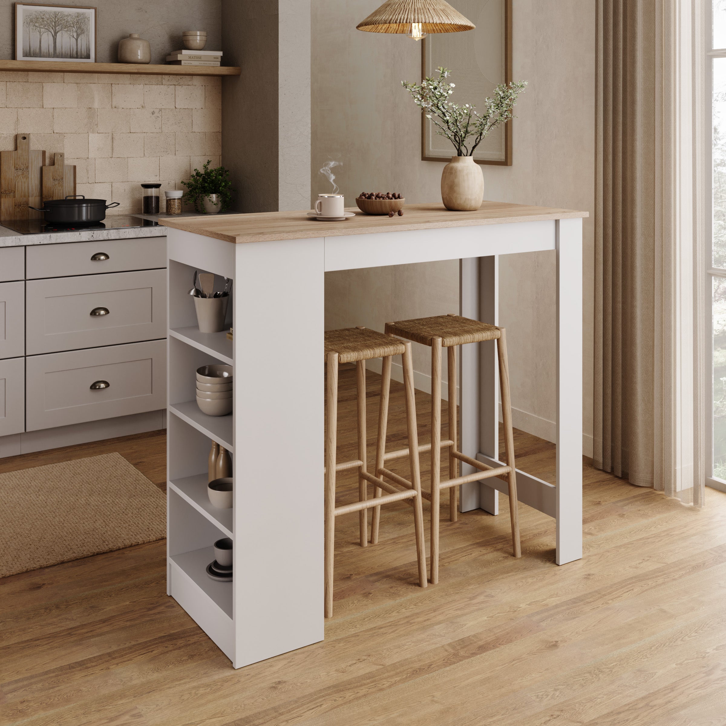 Montrell - Bartafel - Eikenpatroon/Wit - 115x50x103 cm