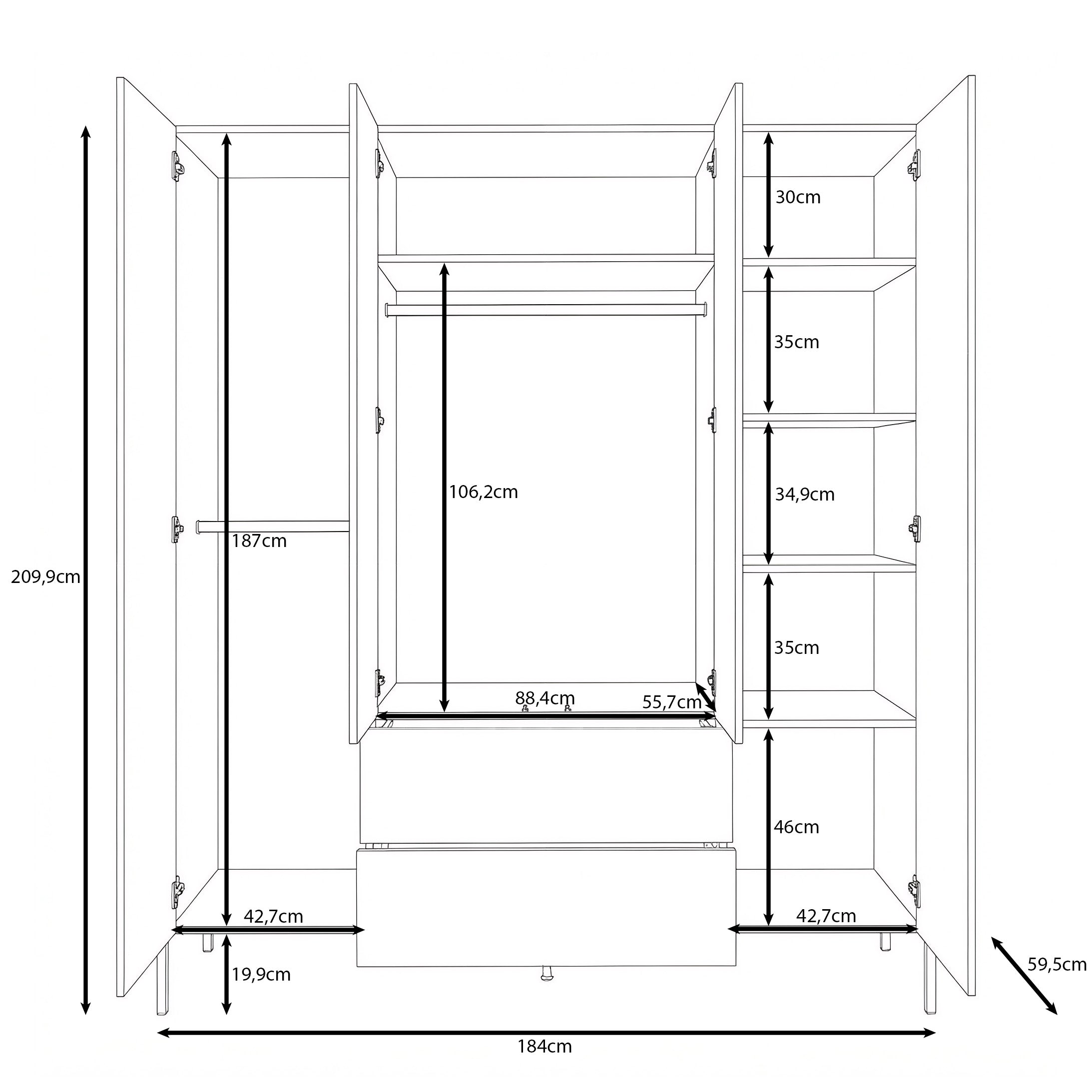 Monvero - Kledingkast 4-deurs - Beige - 184x60x210 cm