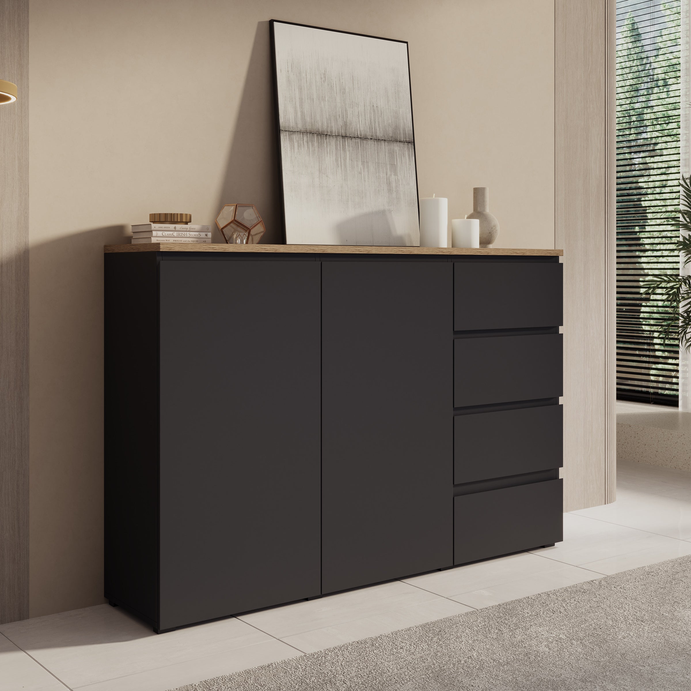 Moss - Dressoir - Zwart/Eikenpatroon - 150x35x100 cm