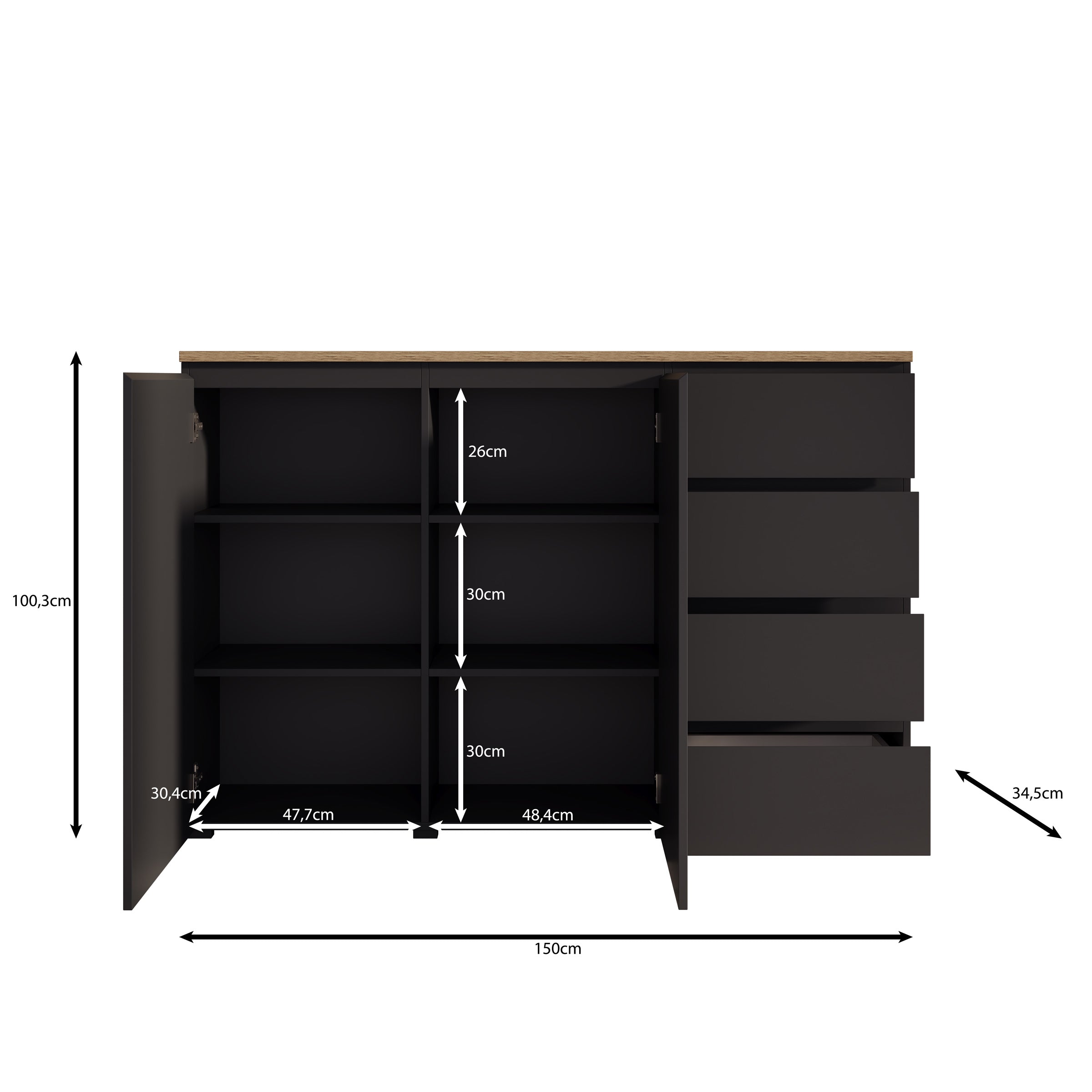 Moss - Dressoir - Zwart/Eikenpatroon - 150x35x100 cm