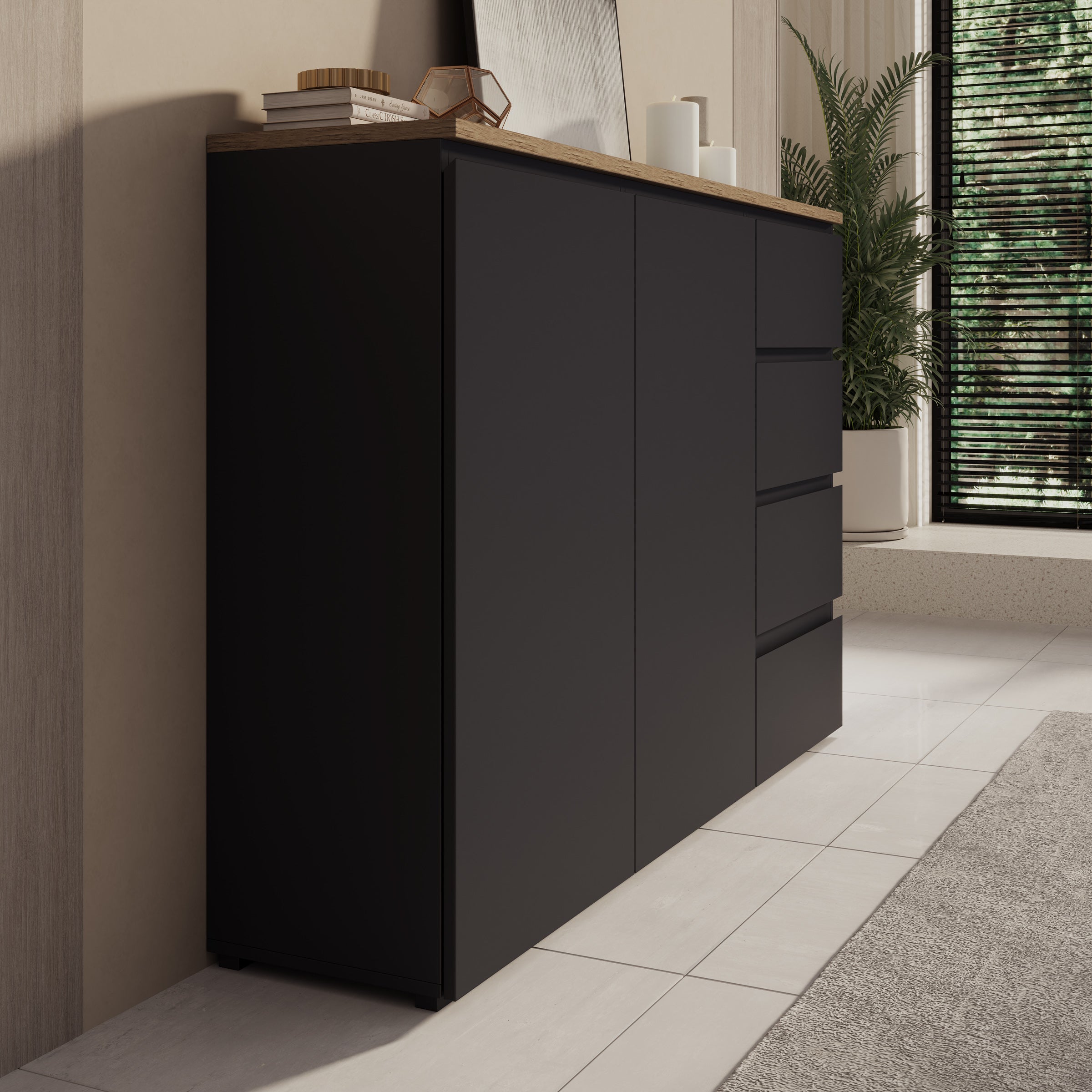 Moss - Dressoir - Zwart/Eikenpatroon - 150x35x100 cm