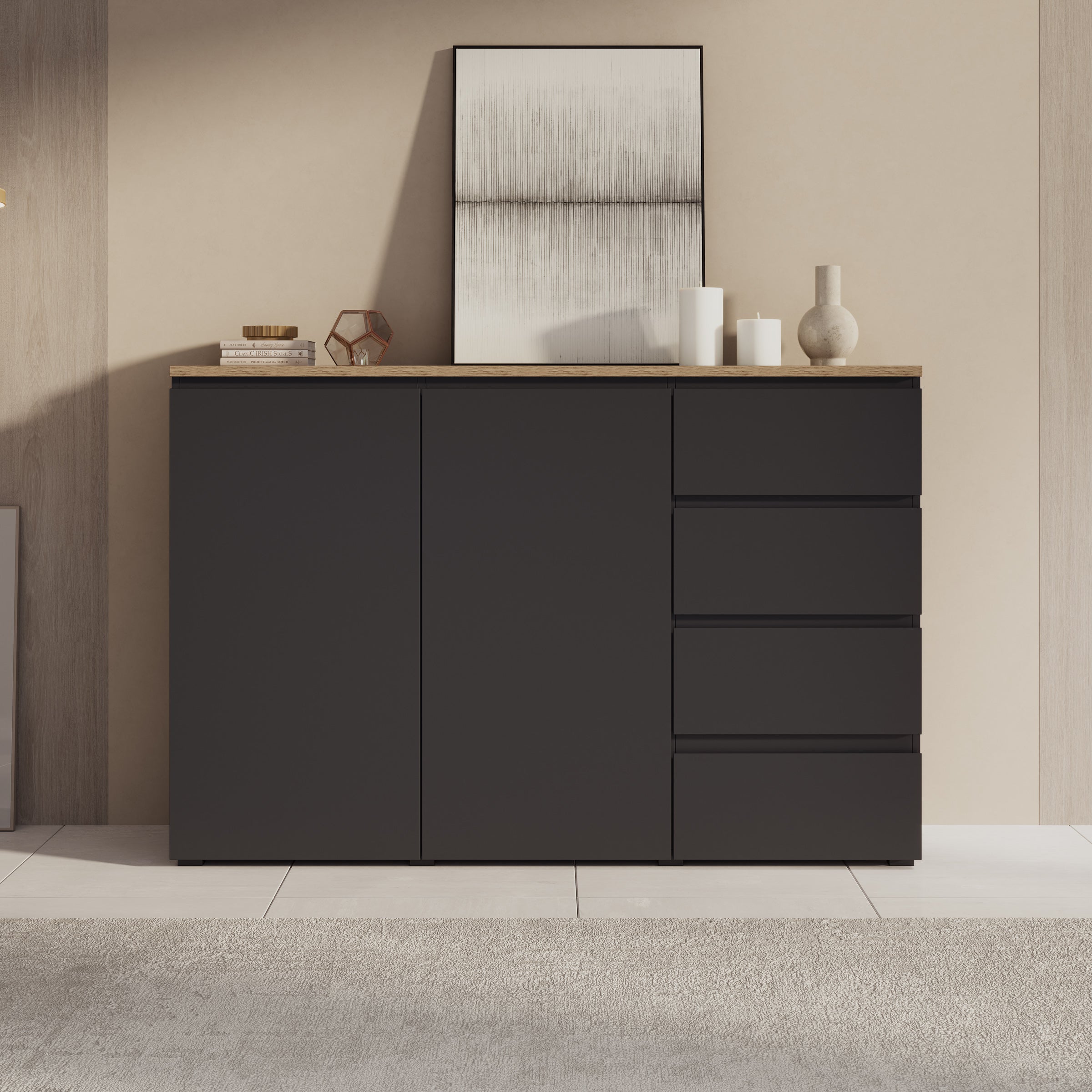 Moss - Dressoir - Zwart/Eikenpatroon - 150x35x100 cm