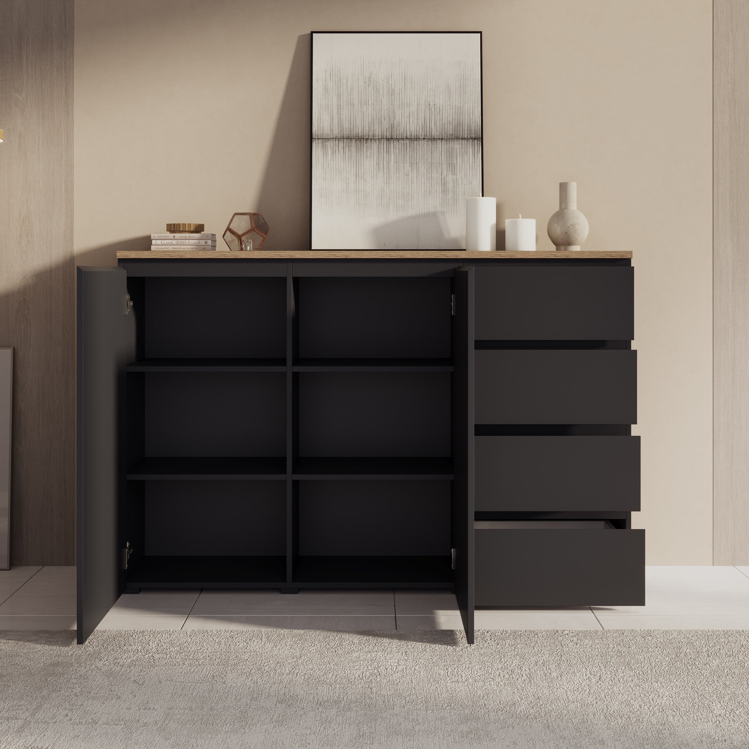 Moss - Dressoir - Zwart/Eikenpatroon - 150x35x100 cm